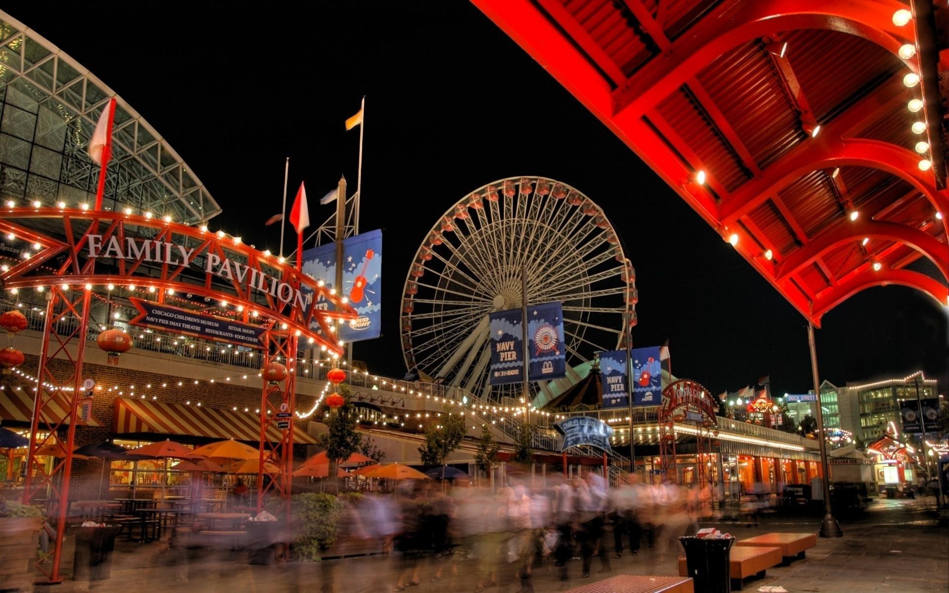 nature and landscapes, night, light, long, 1080P, exposure, chicago, park, people, amusement, long exposure, amusement park, HD Wallpaper