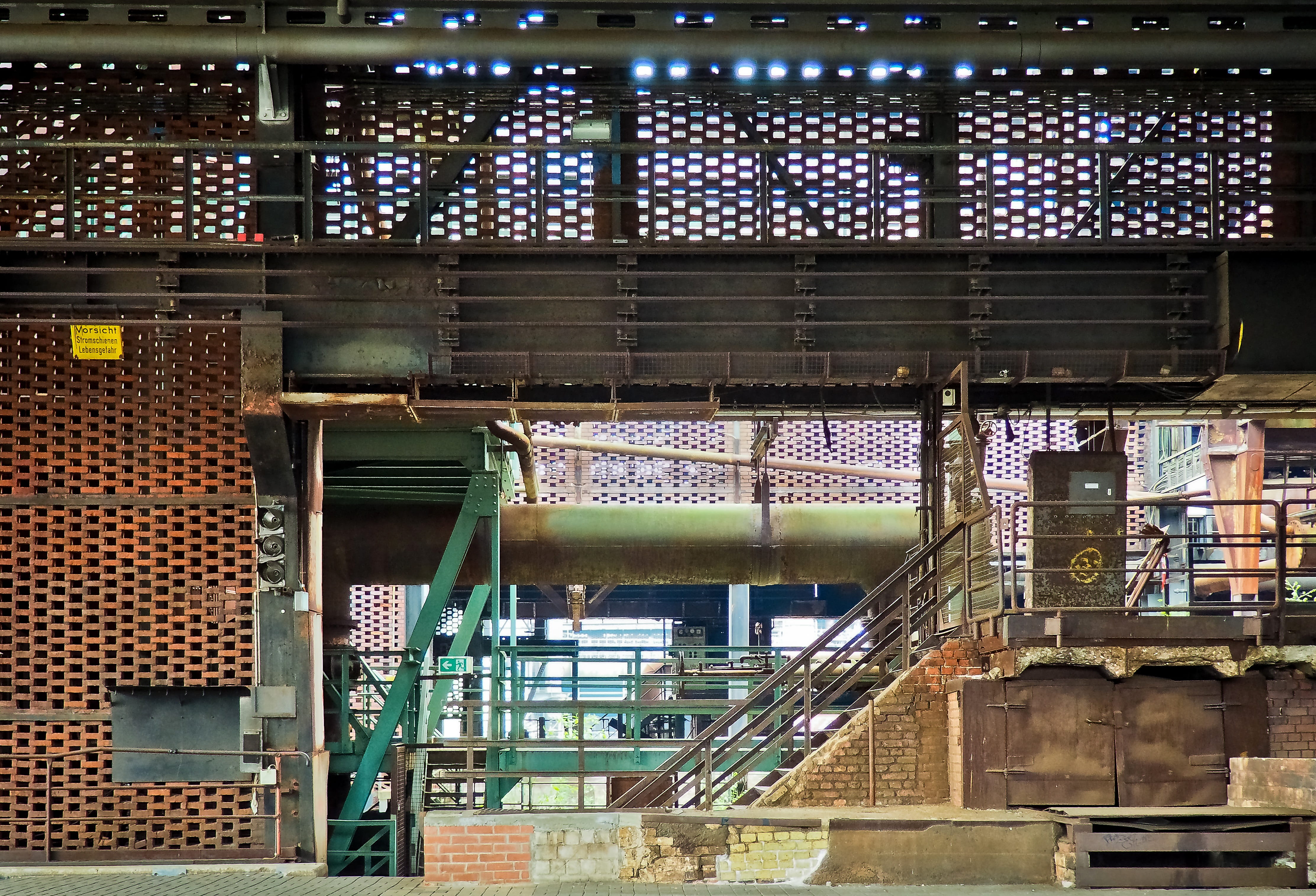 day, historically, duisburg, illuminated, ceiling, factory building, industrial heritage, indoors, pattern, metal, steps and staircases, staircase, old, HD Wallpaper