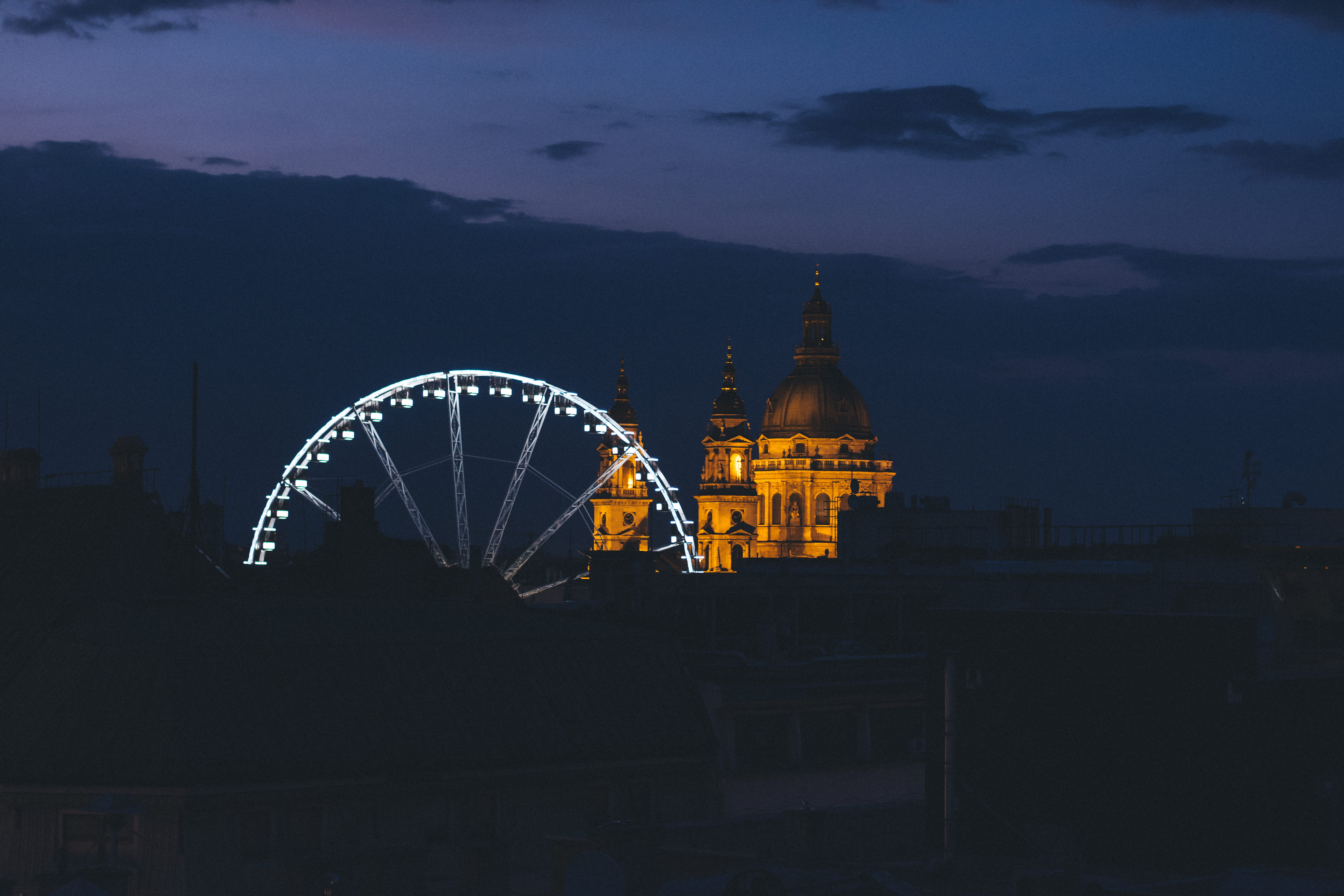 europe, wheel, hungary, blue hour, built structure, ferris, religion, building exterior, night, machine, building, sky, place of worship, summer, nature, HD Wallpaper