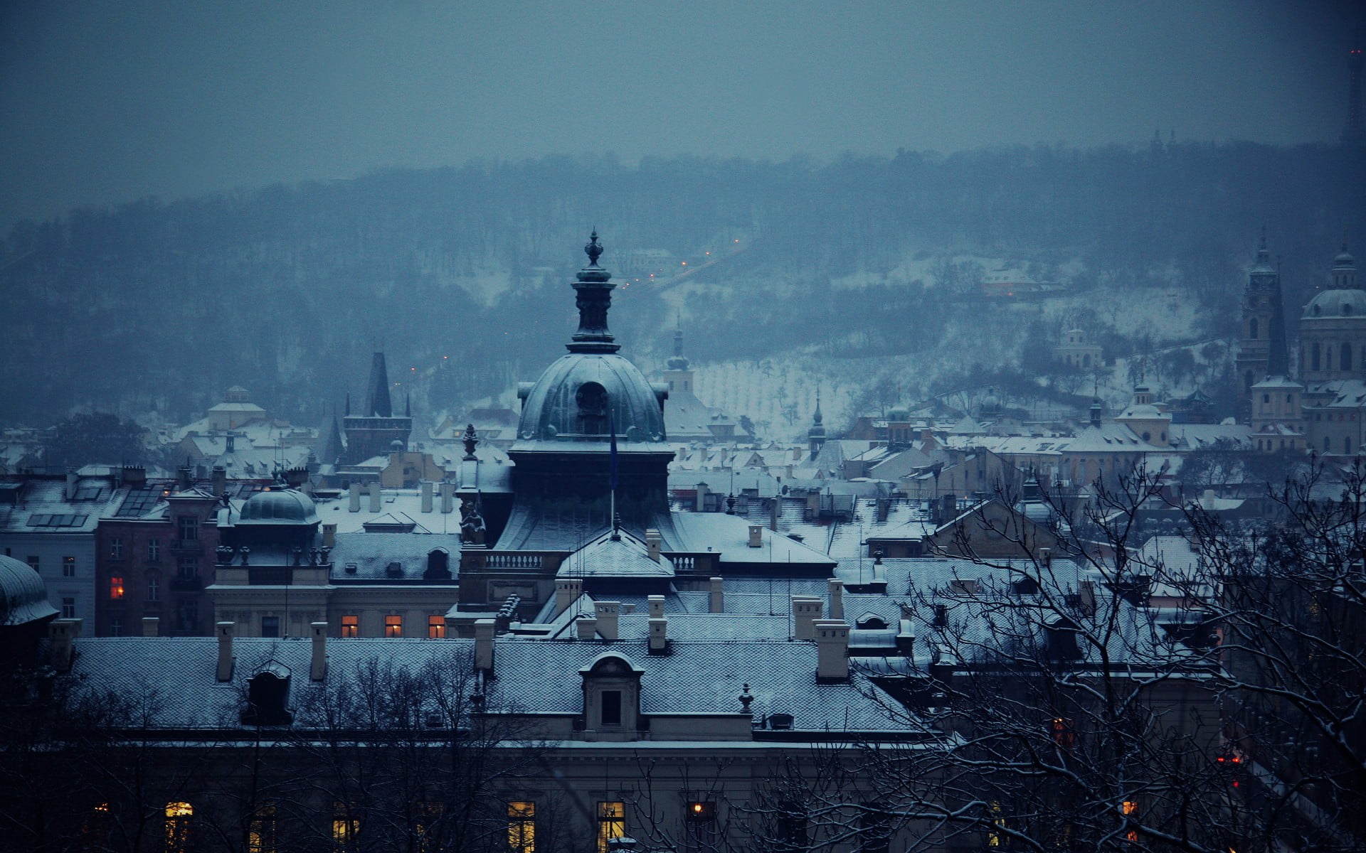 winter, smog, snow, 1080P, residential district, cityscape, town, high angle view, travel destinations, Prague, no people, built structure, fog, architecture, HD Wallpaper