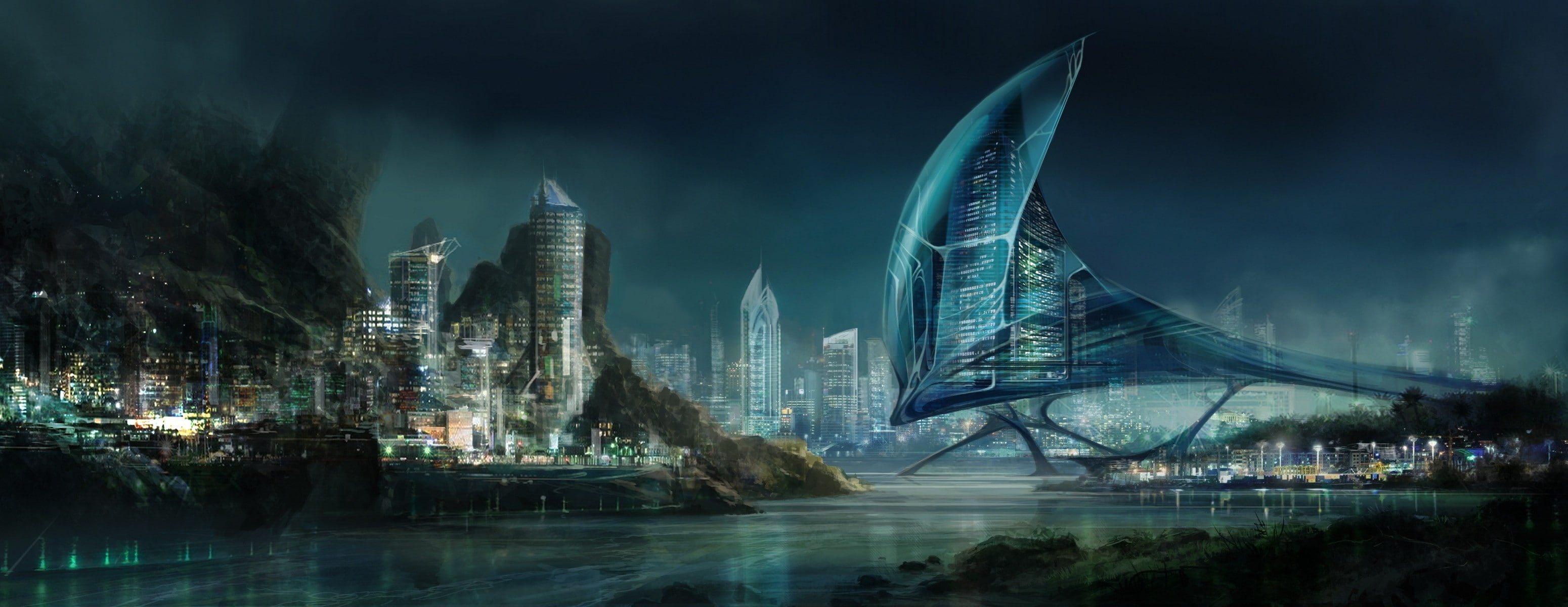 Night, lights, building, Sid75, fantasy, 2K, sci-fi, cityscape, Night cityscape, city, HD Wallpaper