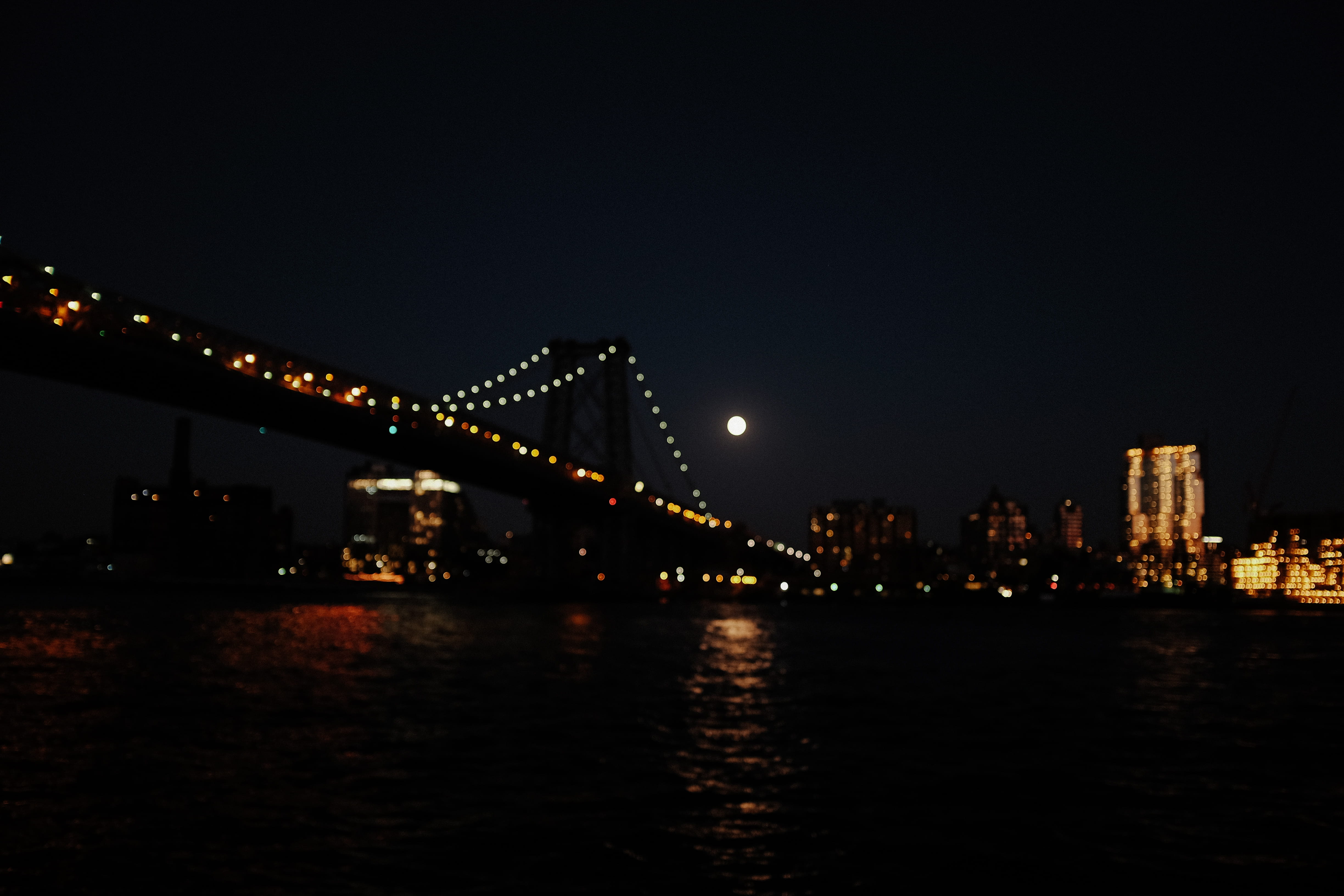 illuminated, park, copy space, city, place, water, sky, nyc, skyscraper, moon, architecture, river, urban skyline, connection, building exterior, east, HD Wallpaper