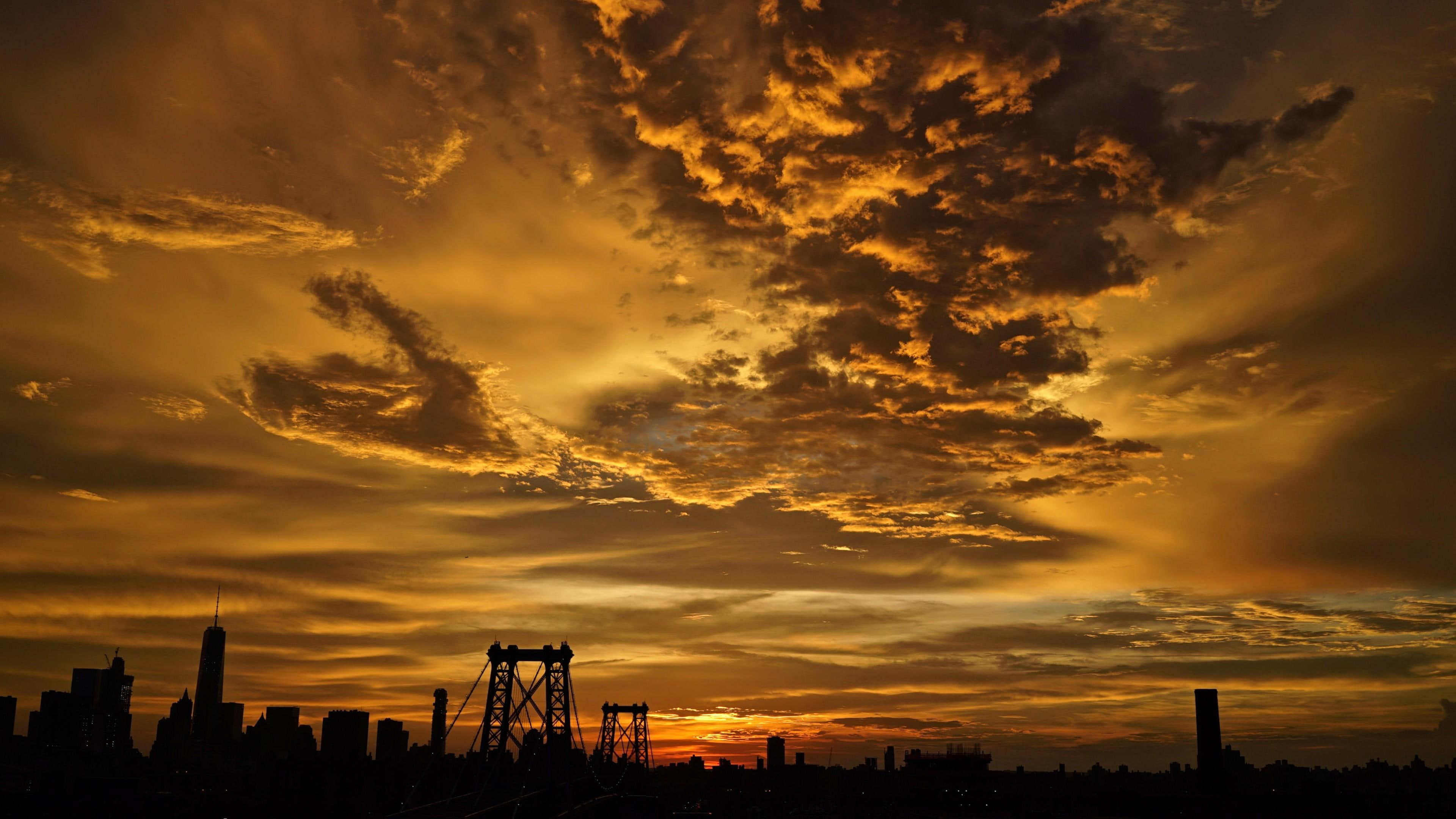 horizon, cloud, skyline, williamsburg bridge, 4K, sky, sunrise, new york, good morning, united states, sunlight, city, silhouette, morning, HD Wallpaper