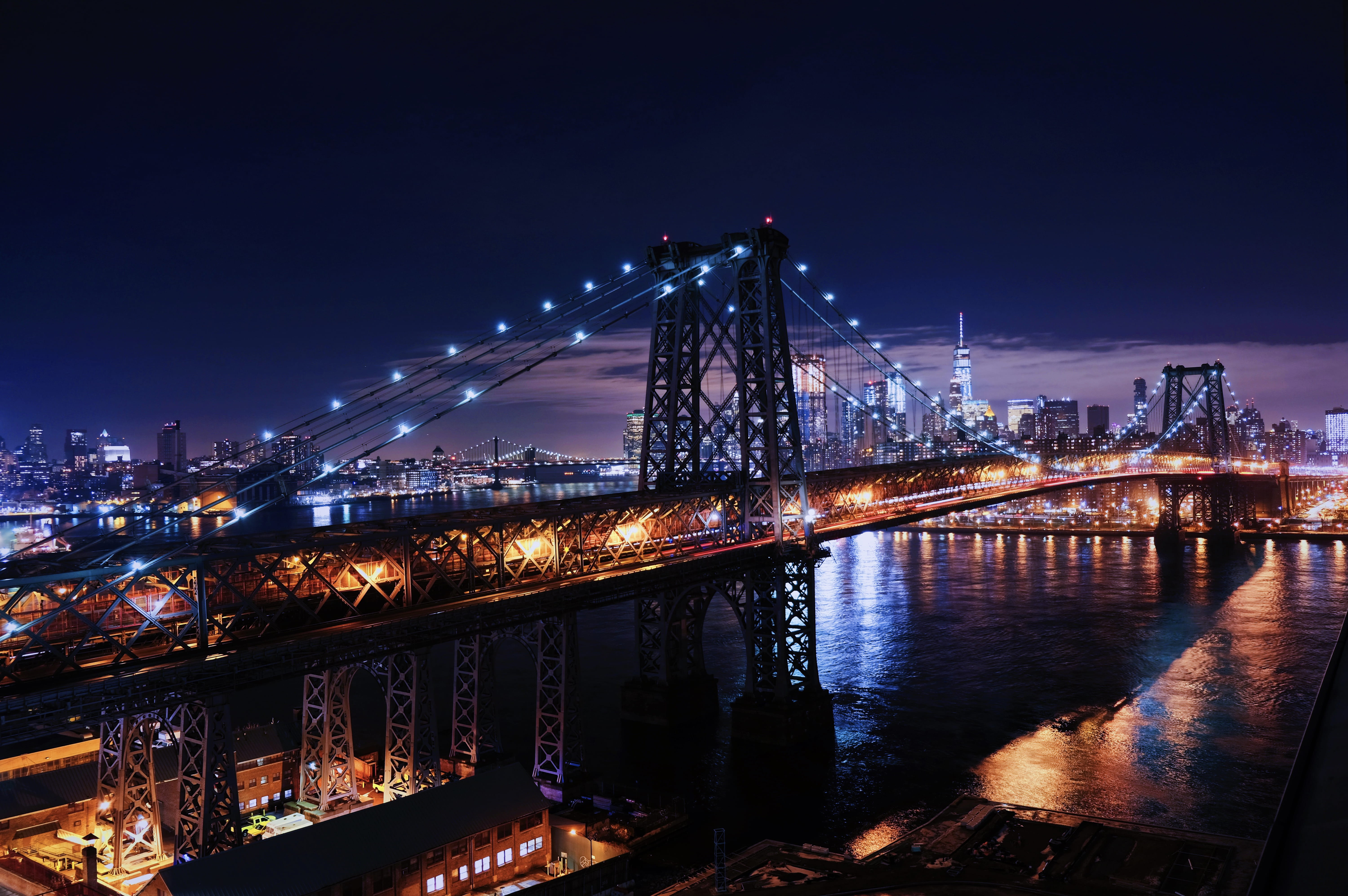 water, bridge - man made structure, cityscape, nightscape, light, sky, skyscraper, built structure, architecture, 5K, building, reflection, williamsburg bridge, HD Wallpaper