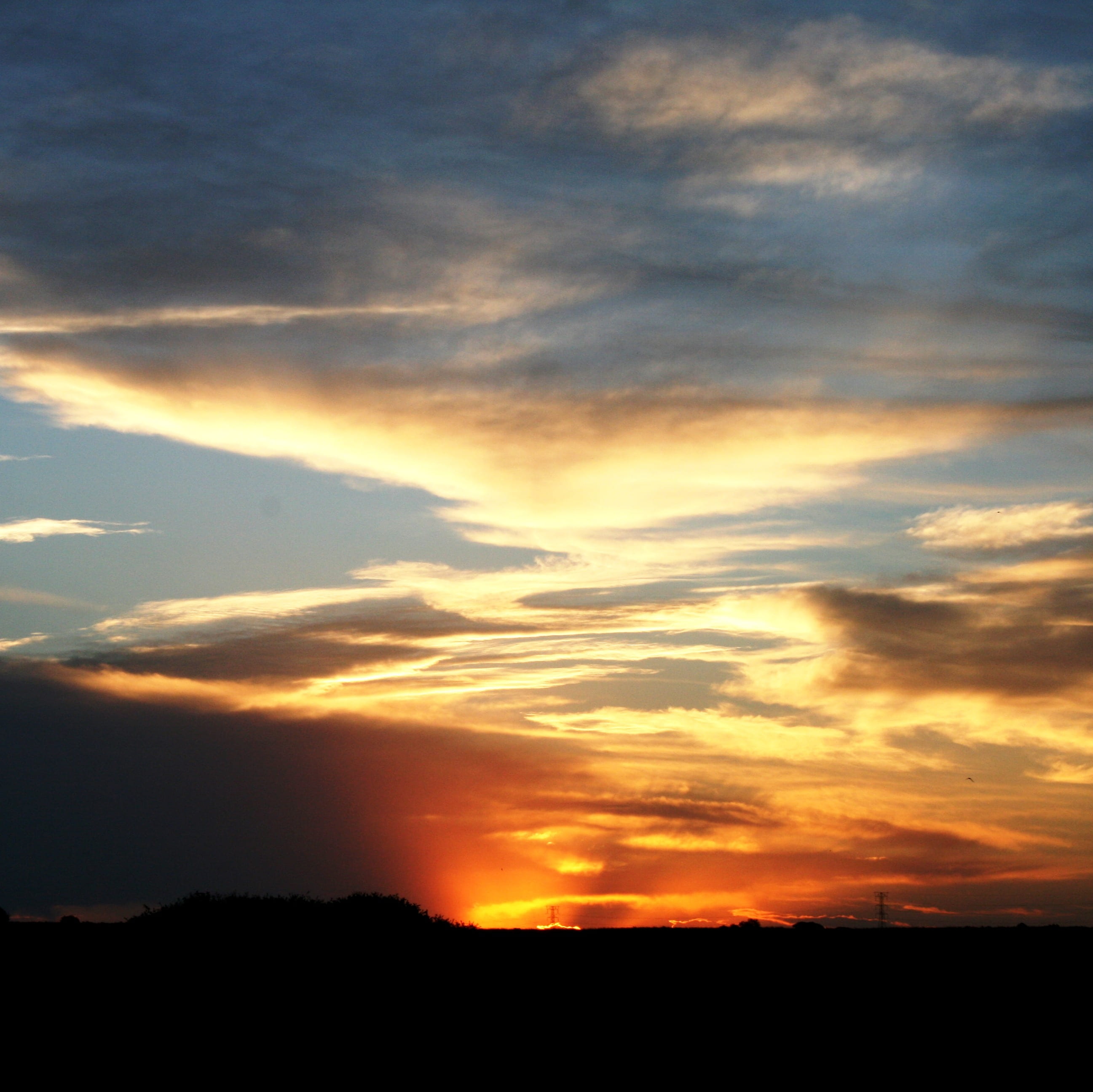 majestic, orange color, horizon, sunlight, sundown, idyllic, dark, cloud - sky, bright, environment, orb, blue sky, flocky, silhouette, streaky, tranquility, HD Wallpaper
