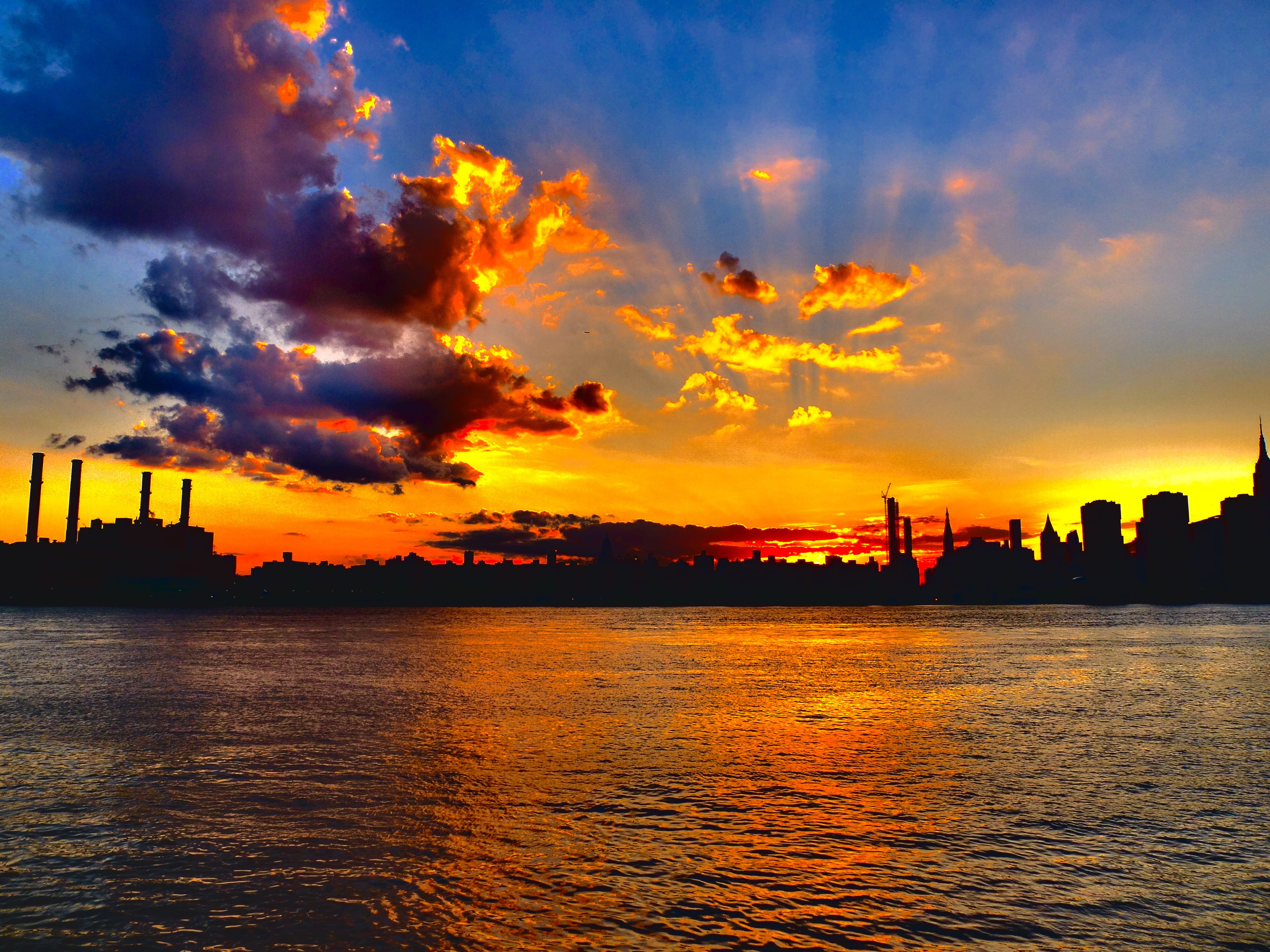 water, architecture, building, urban skyline, cityscape, united states, tranquility, orange color, silhouette, skyscraper, waterfront, city, 4K, dramatic sky, HD Wallpaper