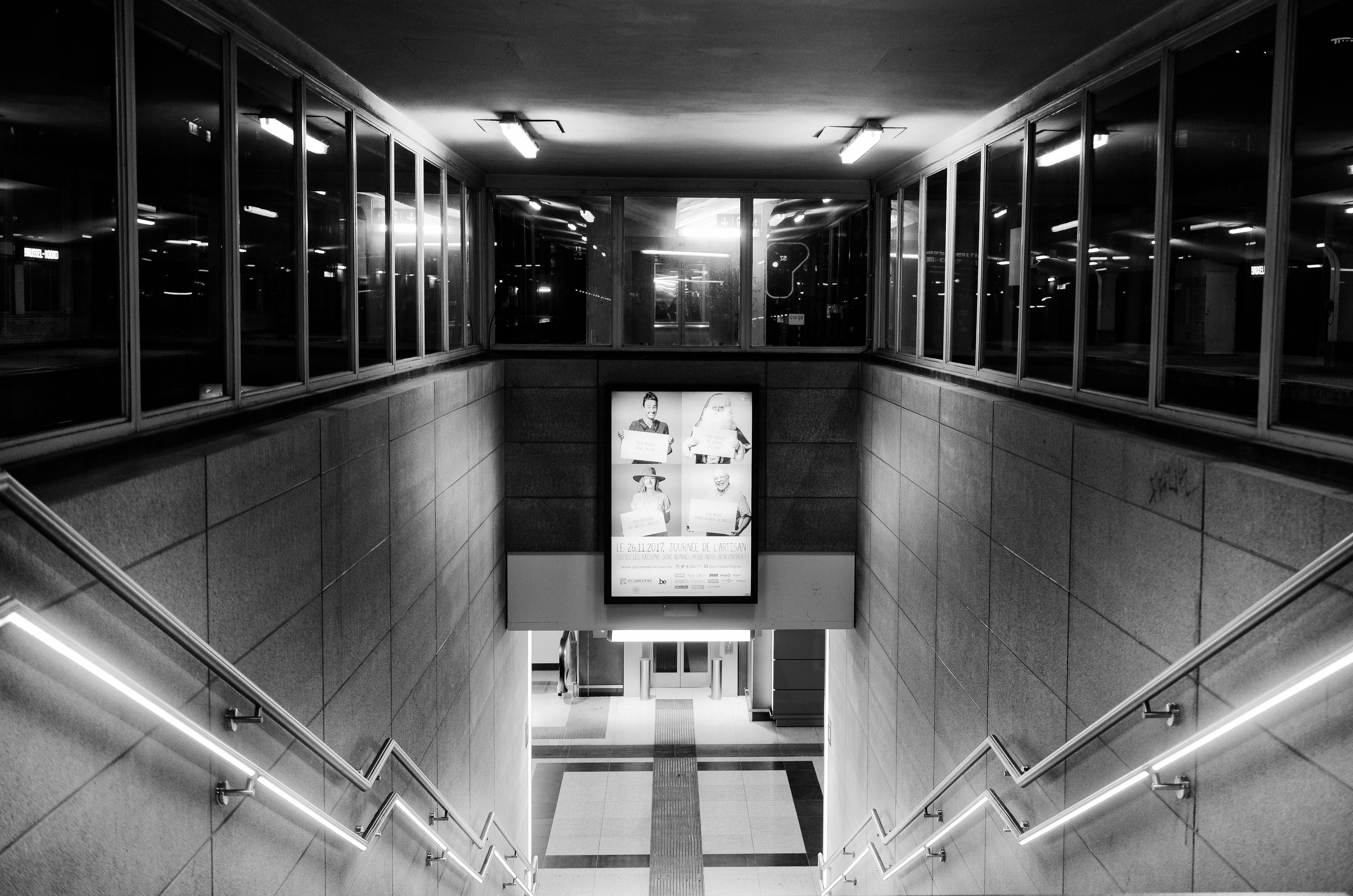 underground, public transportation, brussel, no people, banister, metro, subway station, glass - material, black white, illuminated, time, 5K, night, empty, HD Wallpaper