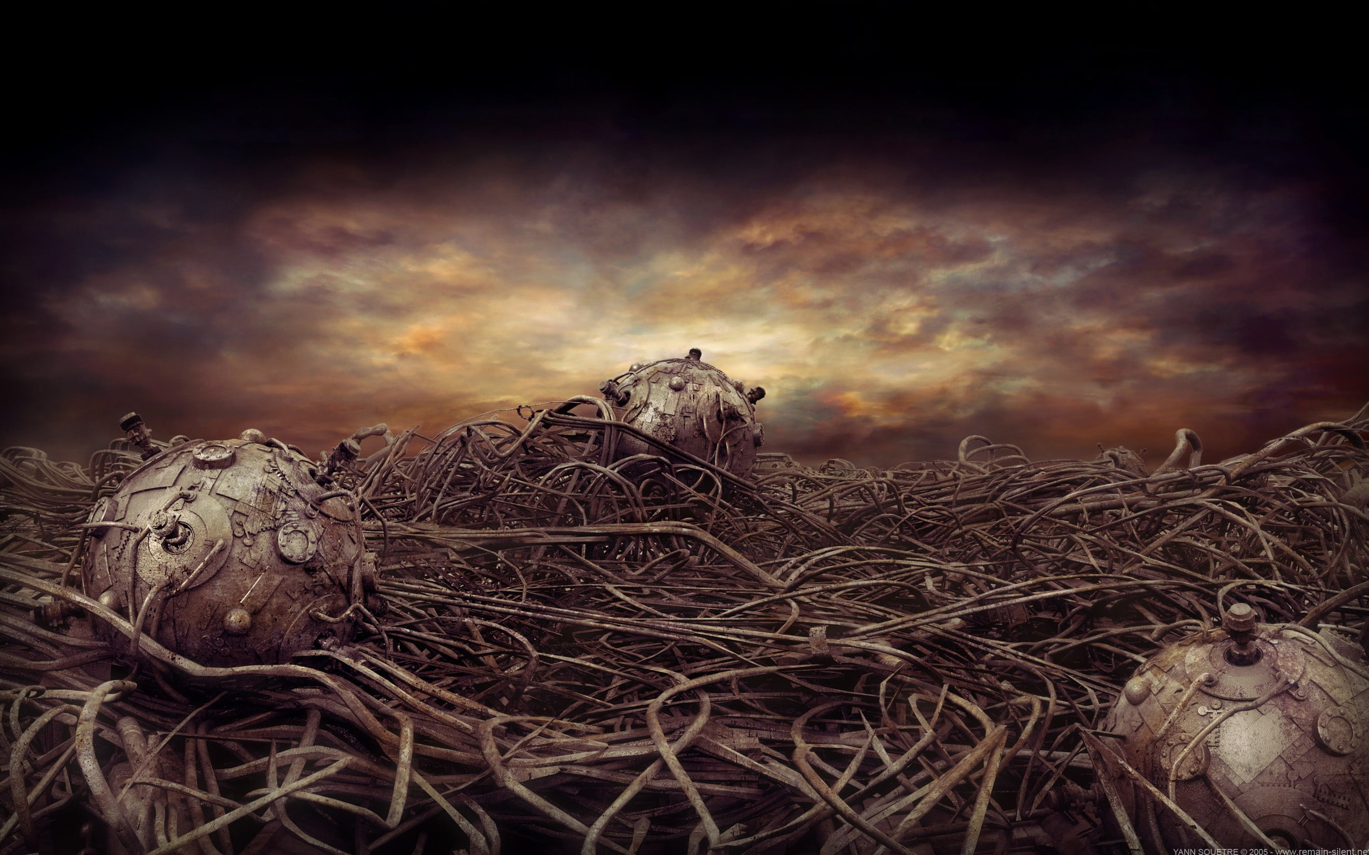 bombs, ominous, wires, dramatic sky, animal, clouds, dark, technology, digital art, sky, horror, illustration, 2K, nature, emotion, halloween, religion, HD Wallpaper