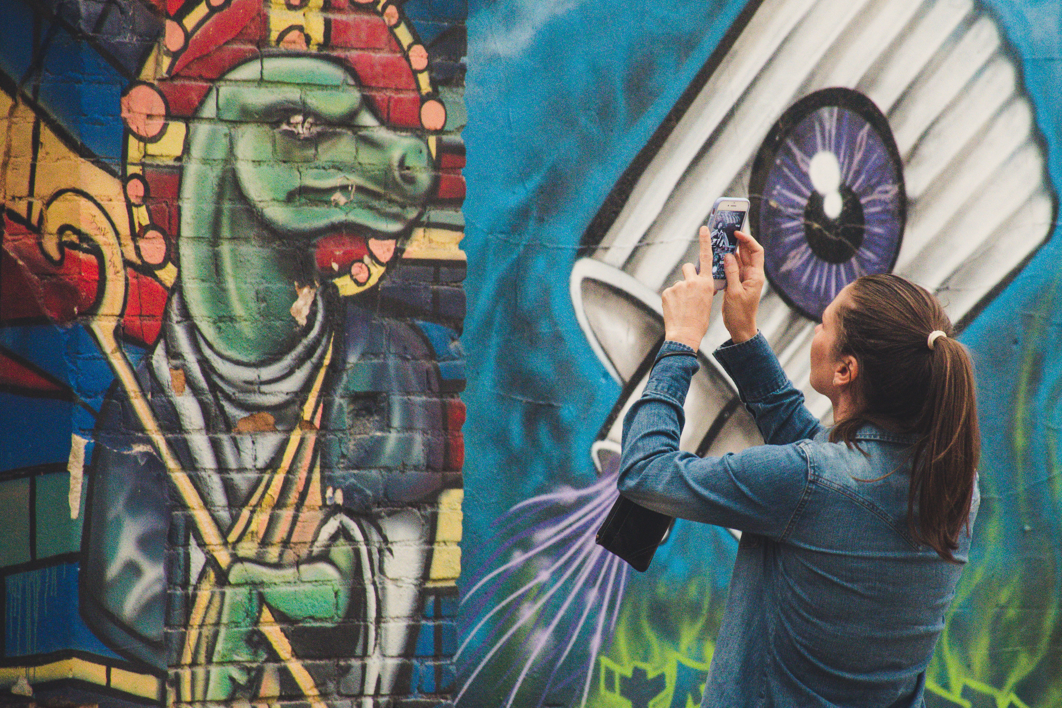 capture, taking, lifestyles, paintings, wall, photo, design, leisure activity, girl, mural, colourful, photographing, vandalism, graffiti, casual clothing, HD Wallpaper