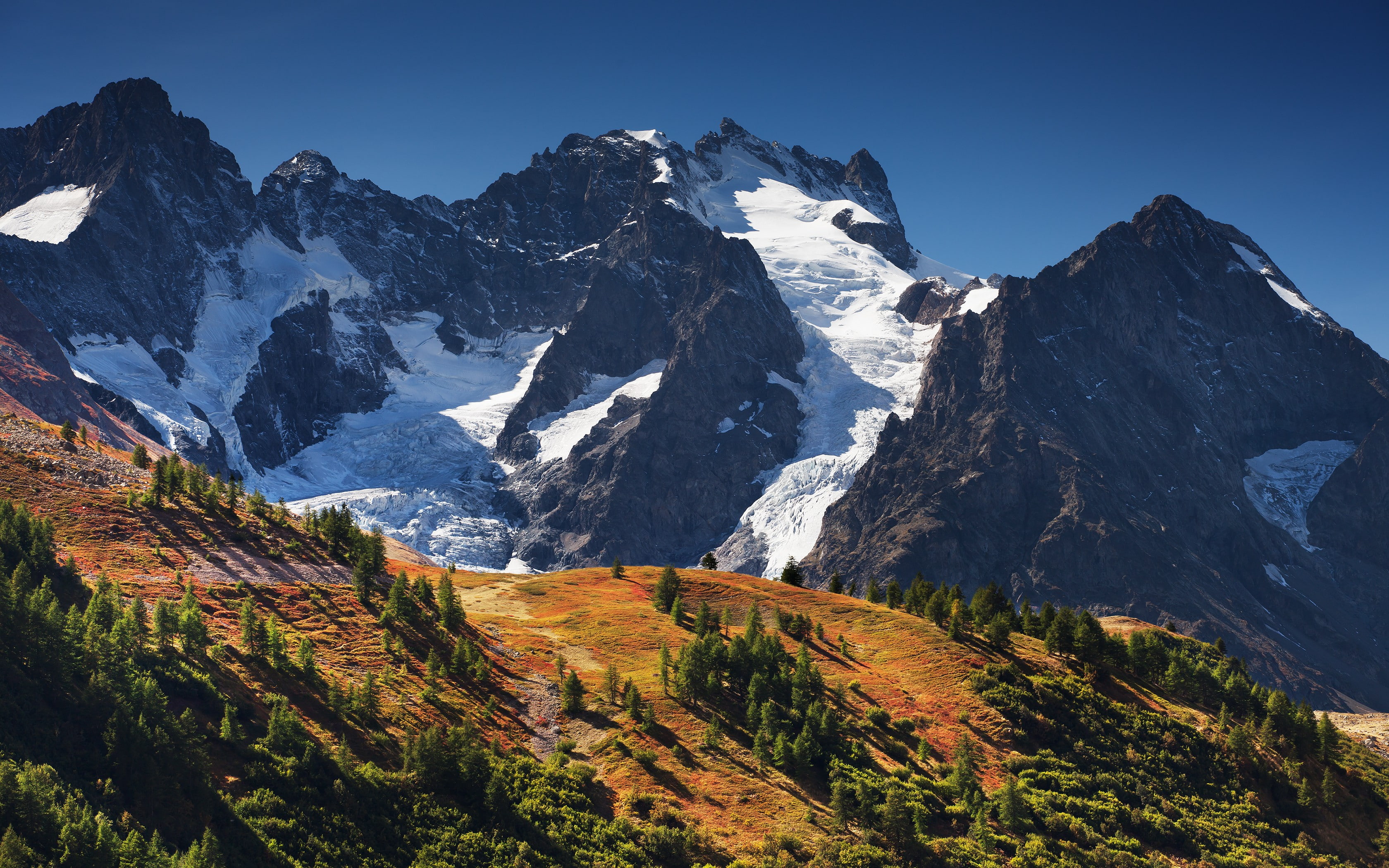 2K, blue, trees, landscape, France, snowy peak, Alps, sky, nature, photography, HD Wallpaper