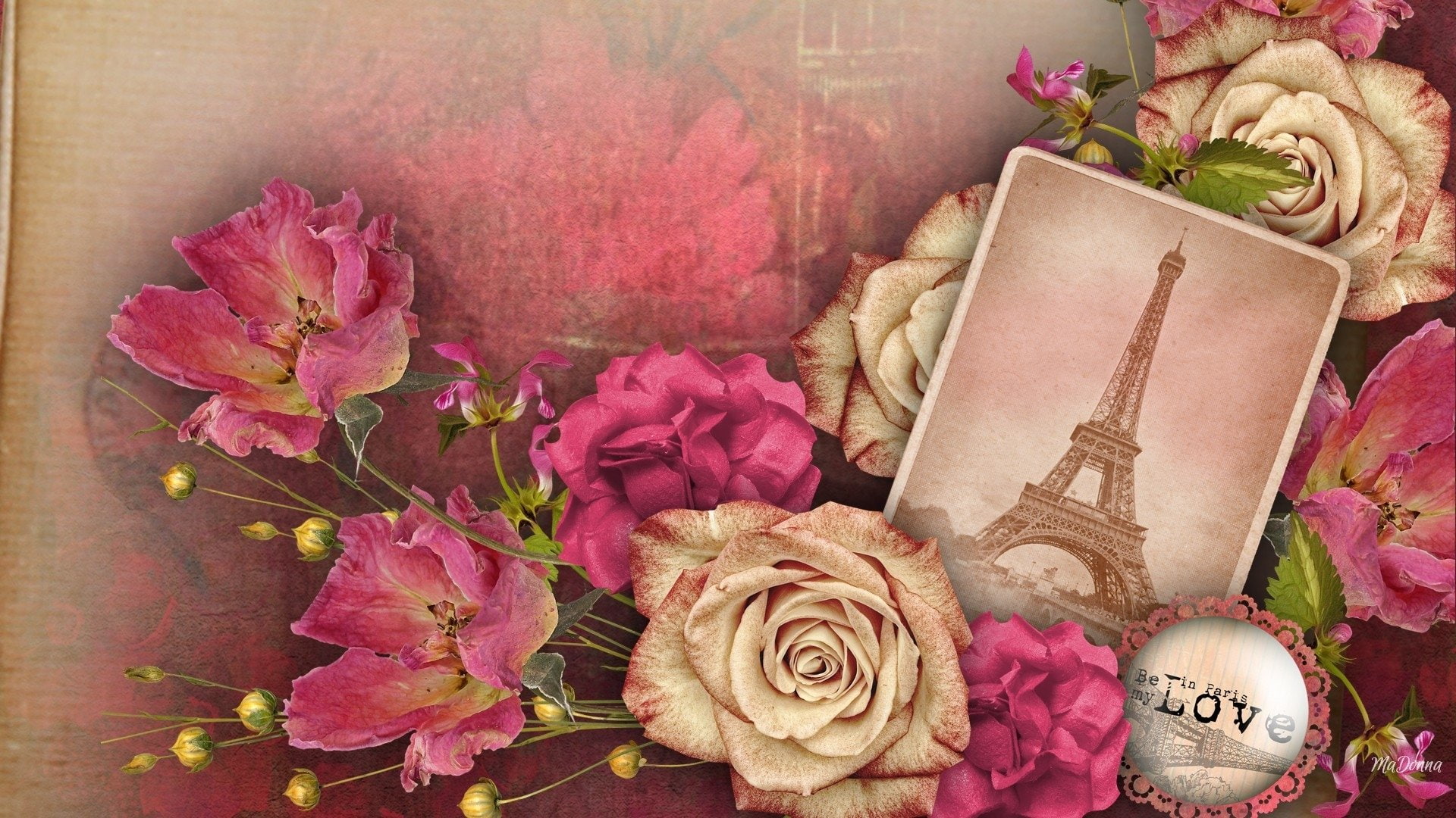 Love, Paris, Pink, Artistic, Eiffel Tower, Rose, Collage, 1080P, HD Wallpaper