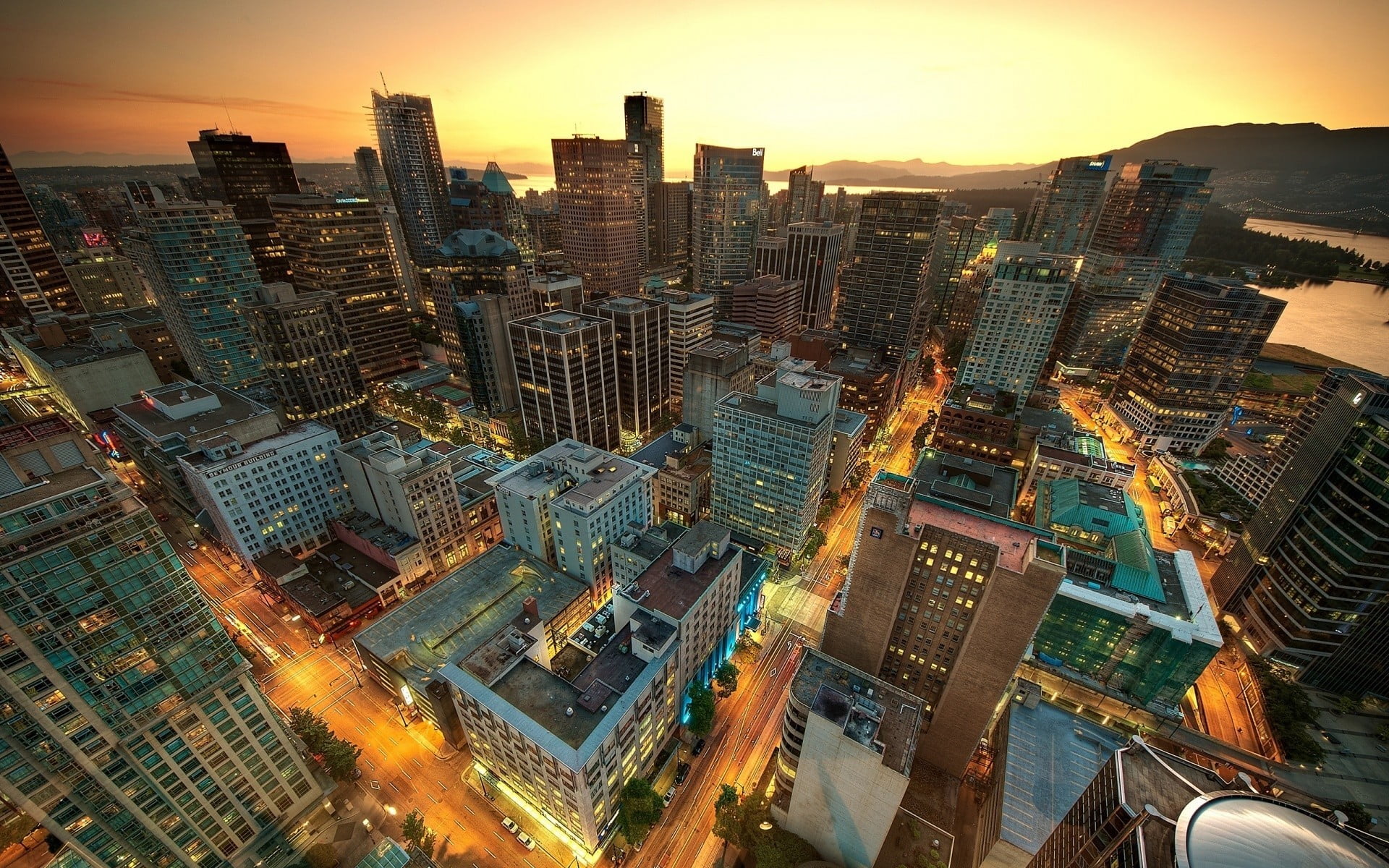 tower, cityscape, office, sunset, crowded, tall - high, architecture, hour, building exterior, lights, residential district, illuminated, urban skyline, HD Wallpaper