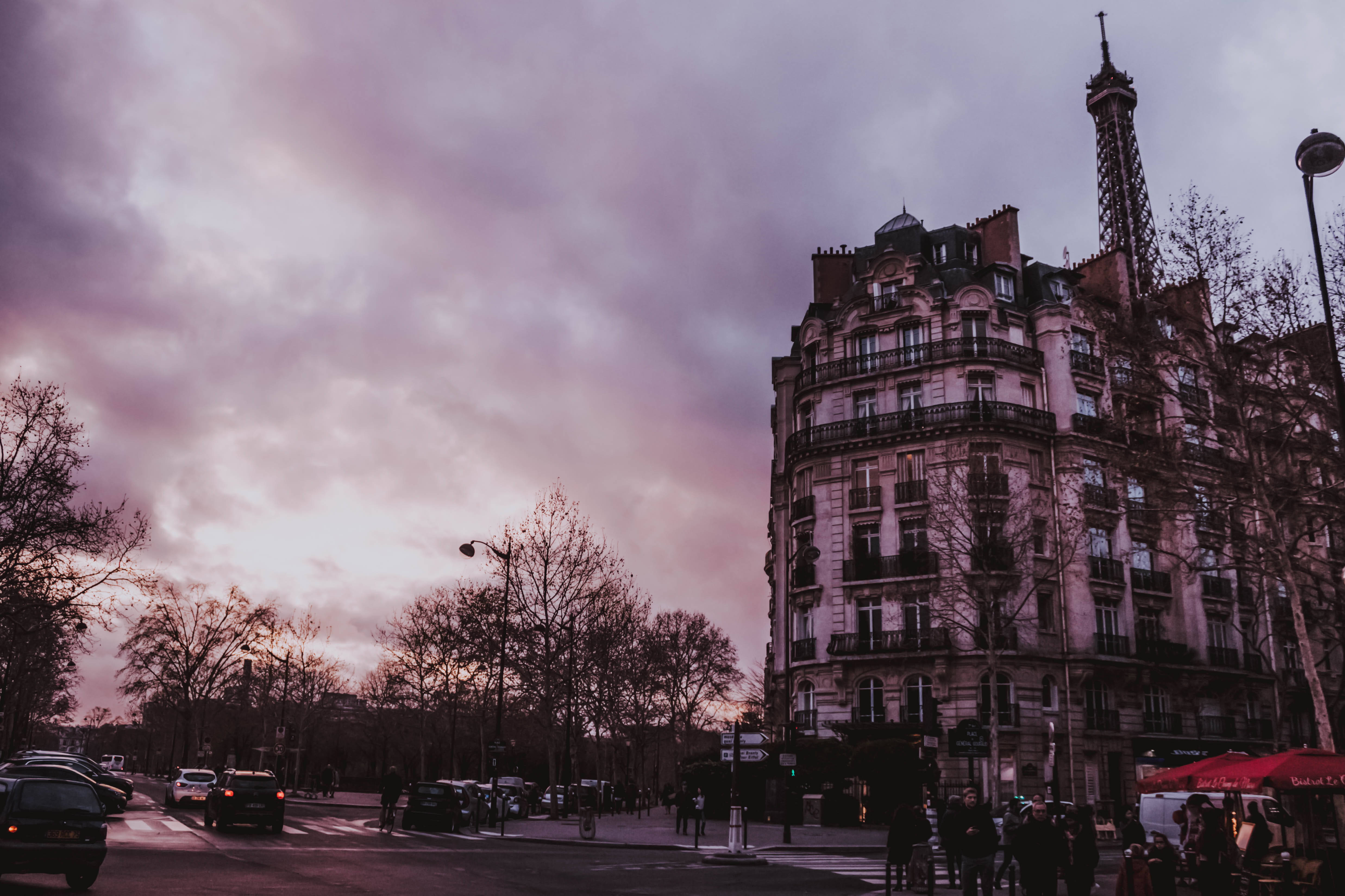 dusk, city, mode of transportation, building exterior, building, paris, built structure, car, sunset, love, road, land vehicle, motor vehicle, HD Wallpaper