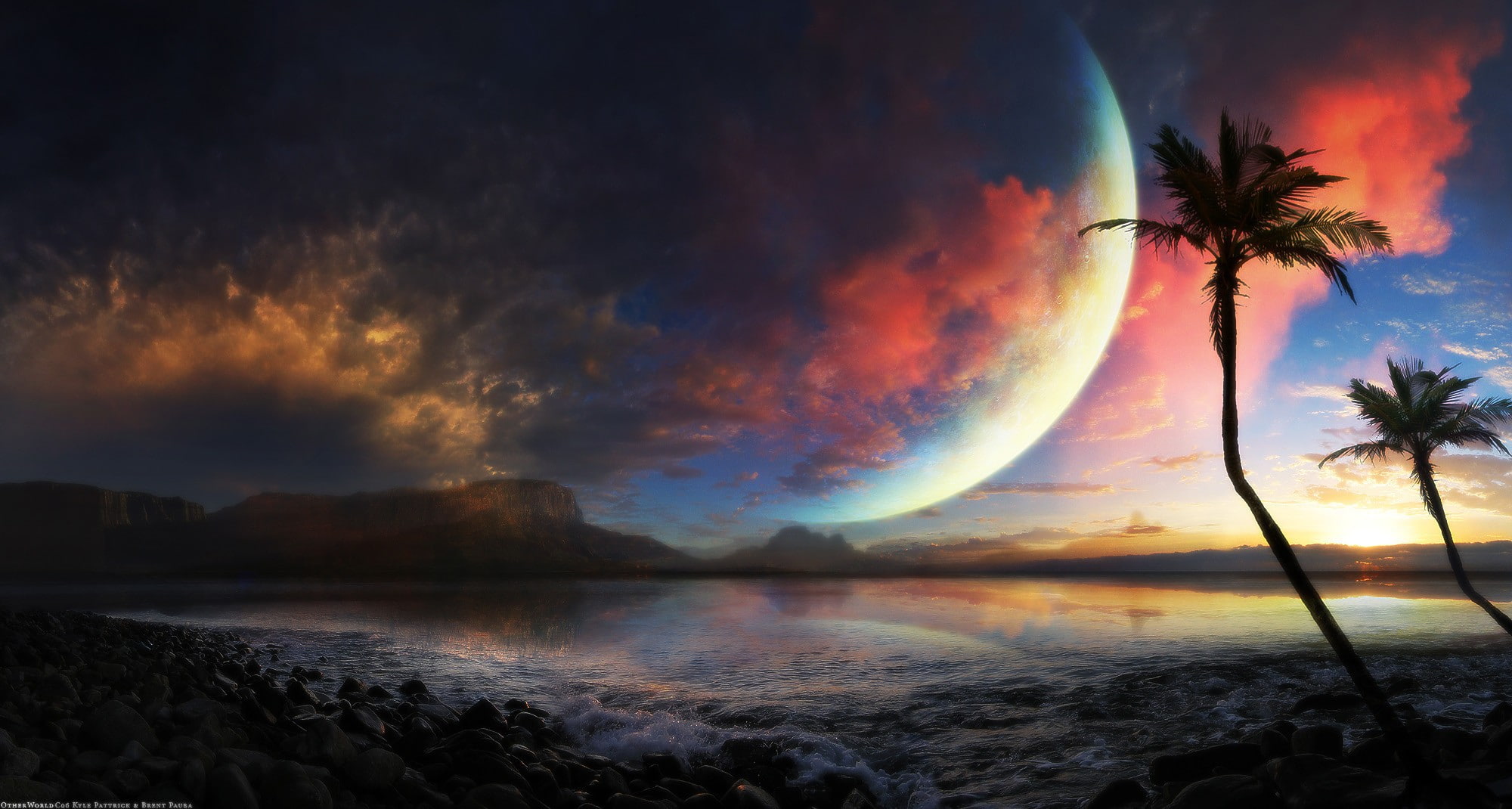 1080P, digital art, planet, sea, sunset, palm trees, clouds, sky, HD Wallpaper