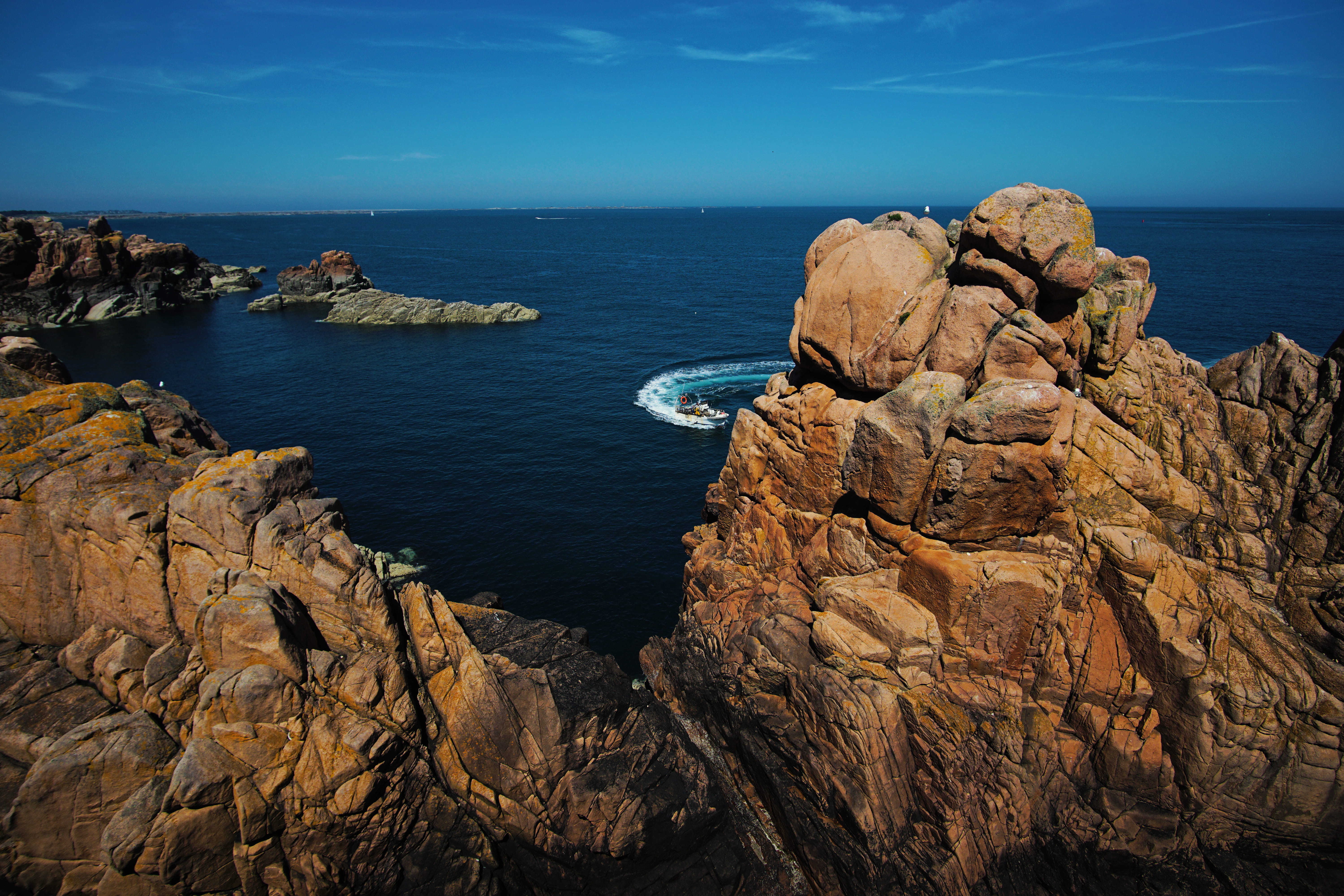 day, rocks, sky, sea, horizon over water, land, 5K, stack rock, blue, idyllic, eroded, water, motor, earth, tranquil scene, beauty in nature, seascape, HD Wallpaper