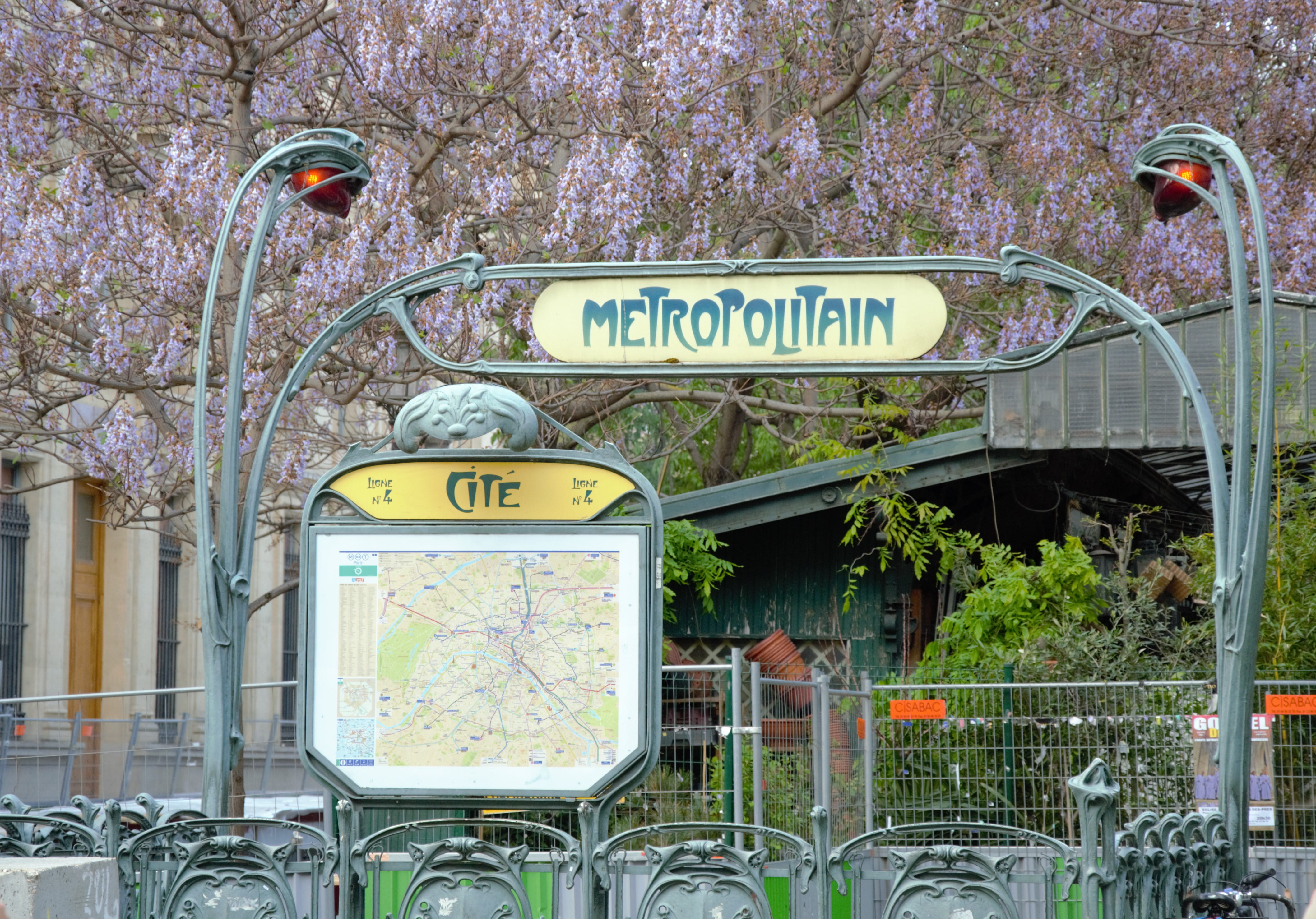 outdoors, metropolitain, subway, paris, built structure, architecture, day, transportation, plant, text, road sign, no people, flower, growth, 4K, cherry blossom, HD Wallpaper