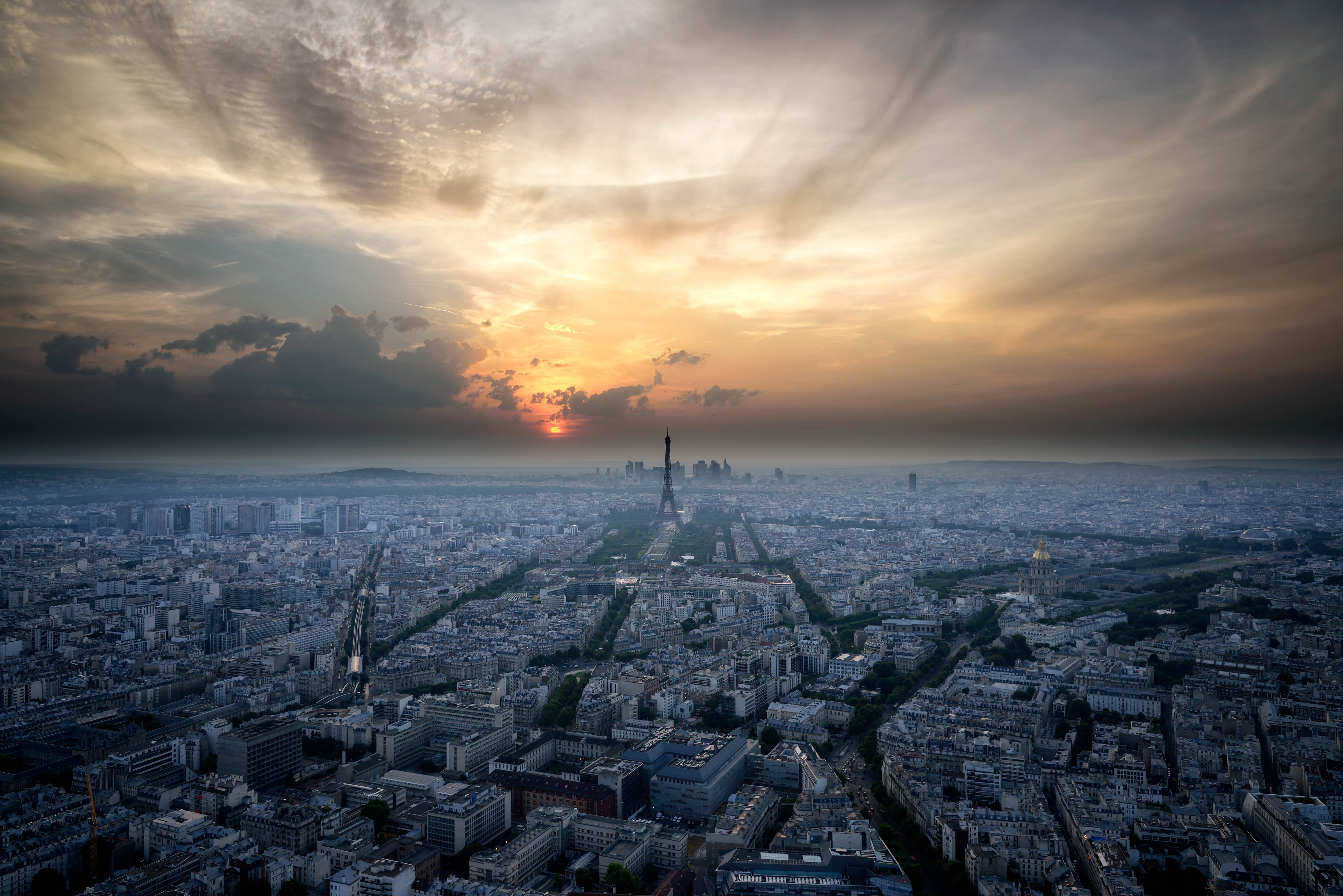 cloudy, clouds, 5K, sunset  tower, sunset, urban Scene, cityscape, Montparnasse Tower, aerial view, skies, montparnasse, Île-de-France, aerial, city, d750, HD Wallpaper