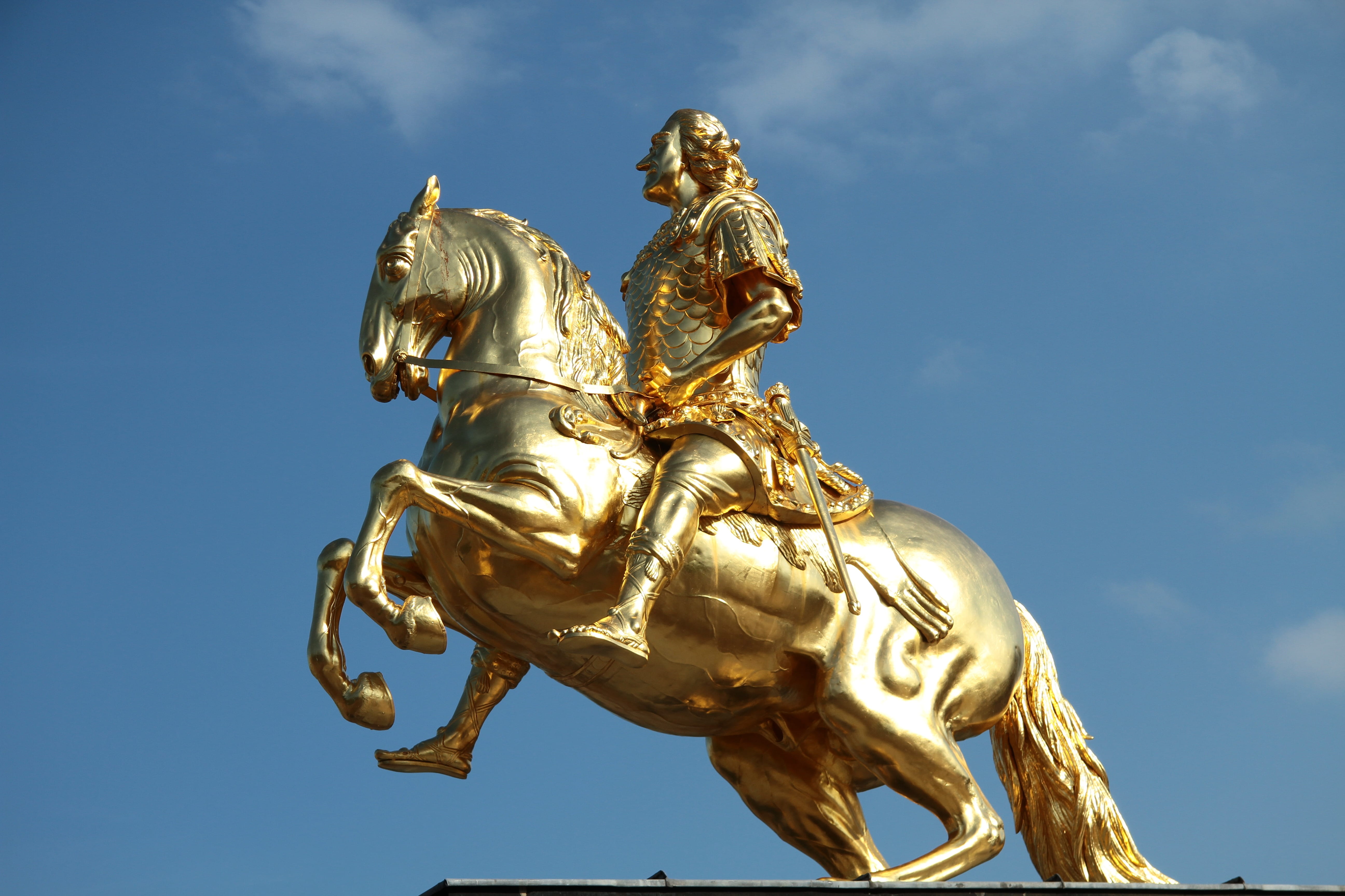 the past, female likeness, Horse, human representation, horse, low angle view, Rider, august der starke, 5K, sky, gold colored, metal, craft, cloud - sky, HD Wallpaper