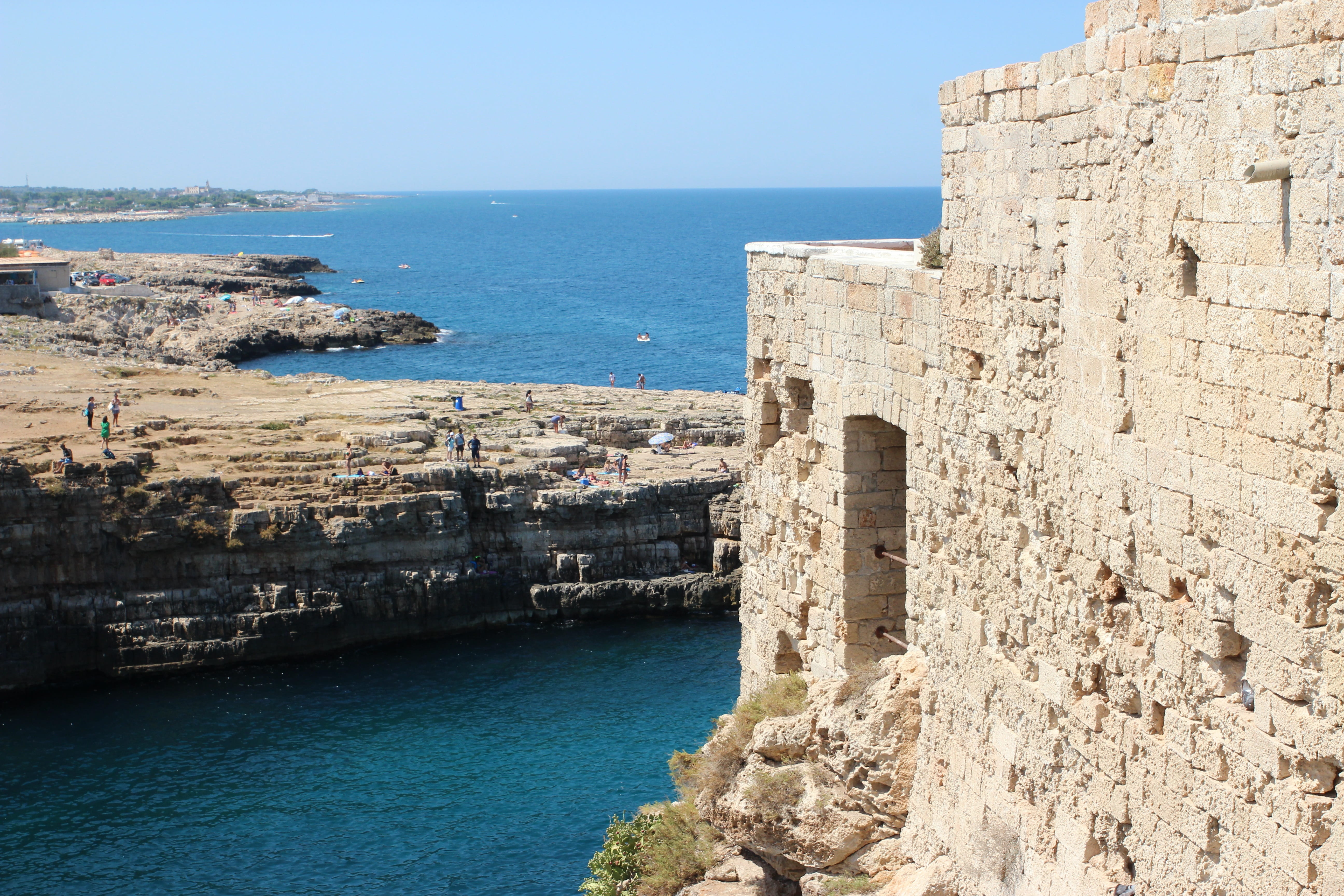 horizon over water, the past, august, outdoors, architecture, building, rocks, landscape, 5K, costa, puglia, stones, rocky coastline, built structure, HD Wallpaper