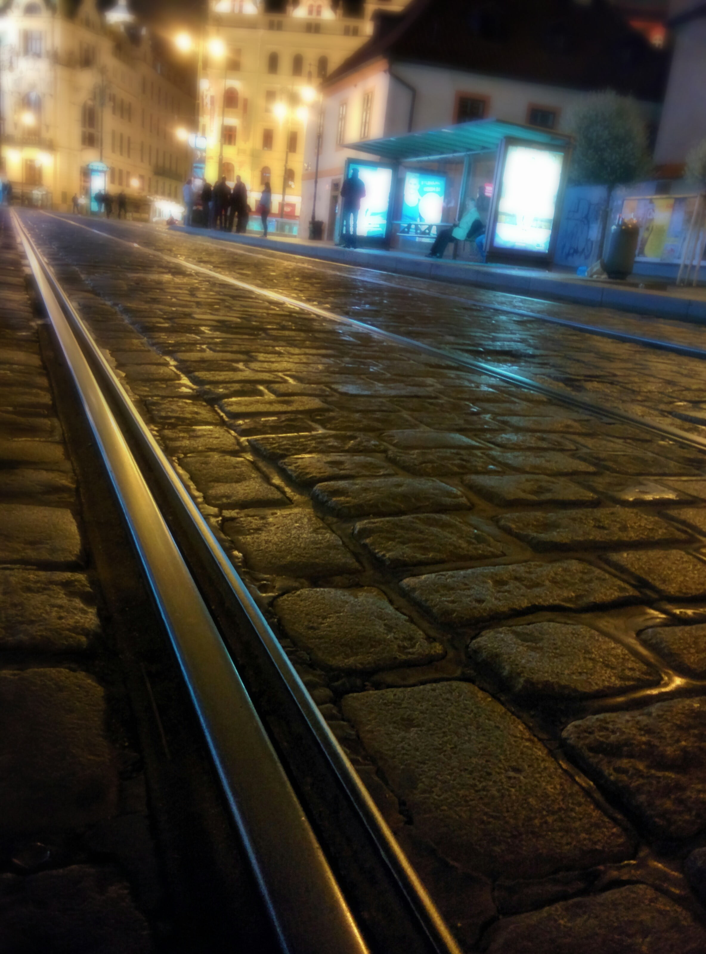 2K, built structure, mode of transportation, illuminated, railroad track, cobblestone, outdoors, architecture, Prague, street, track, building exterior, Phone HD Wallpaper