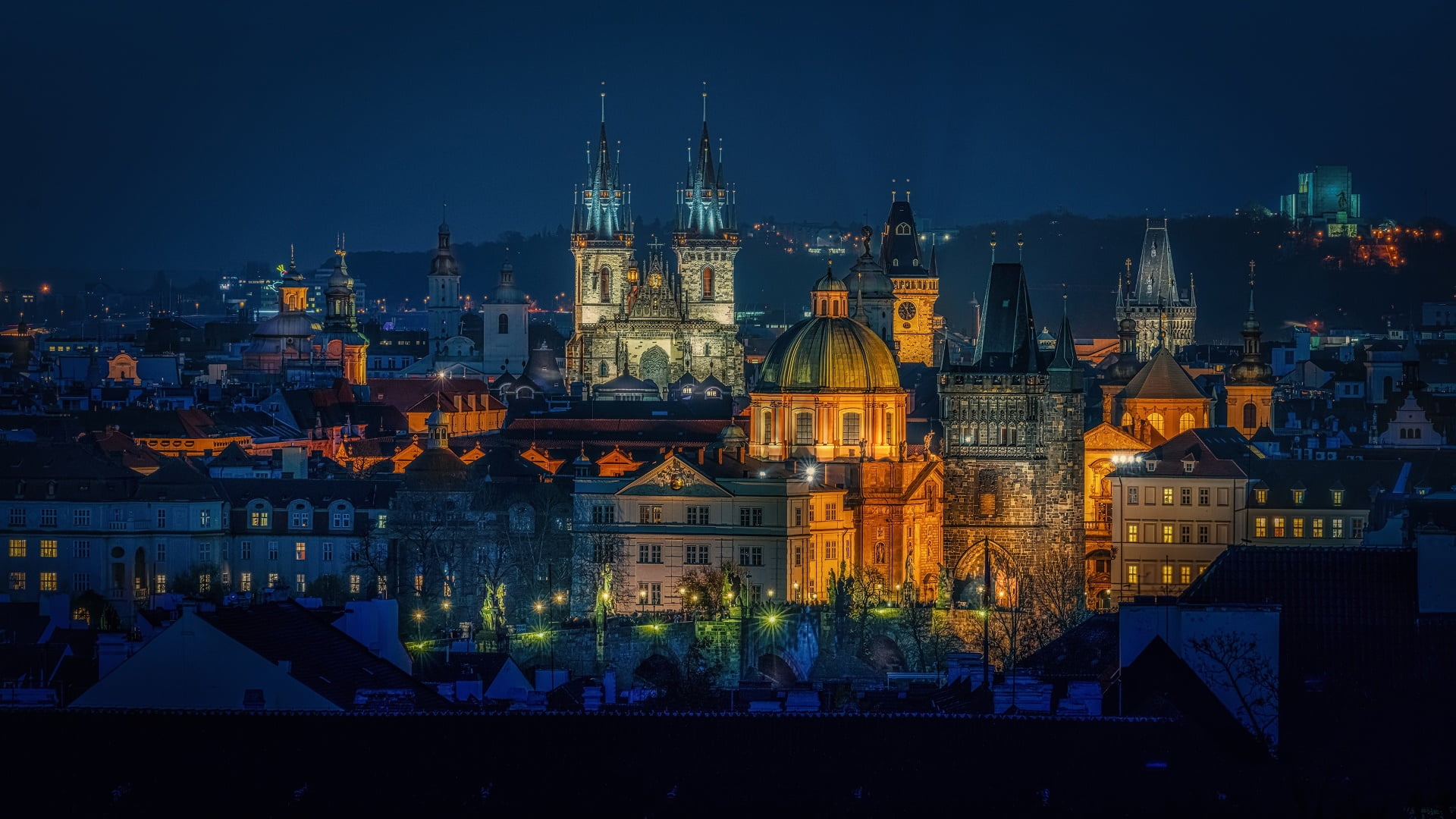 Prague, night, city, lights, cityscape, 1080P, HD Wallpaper