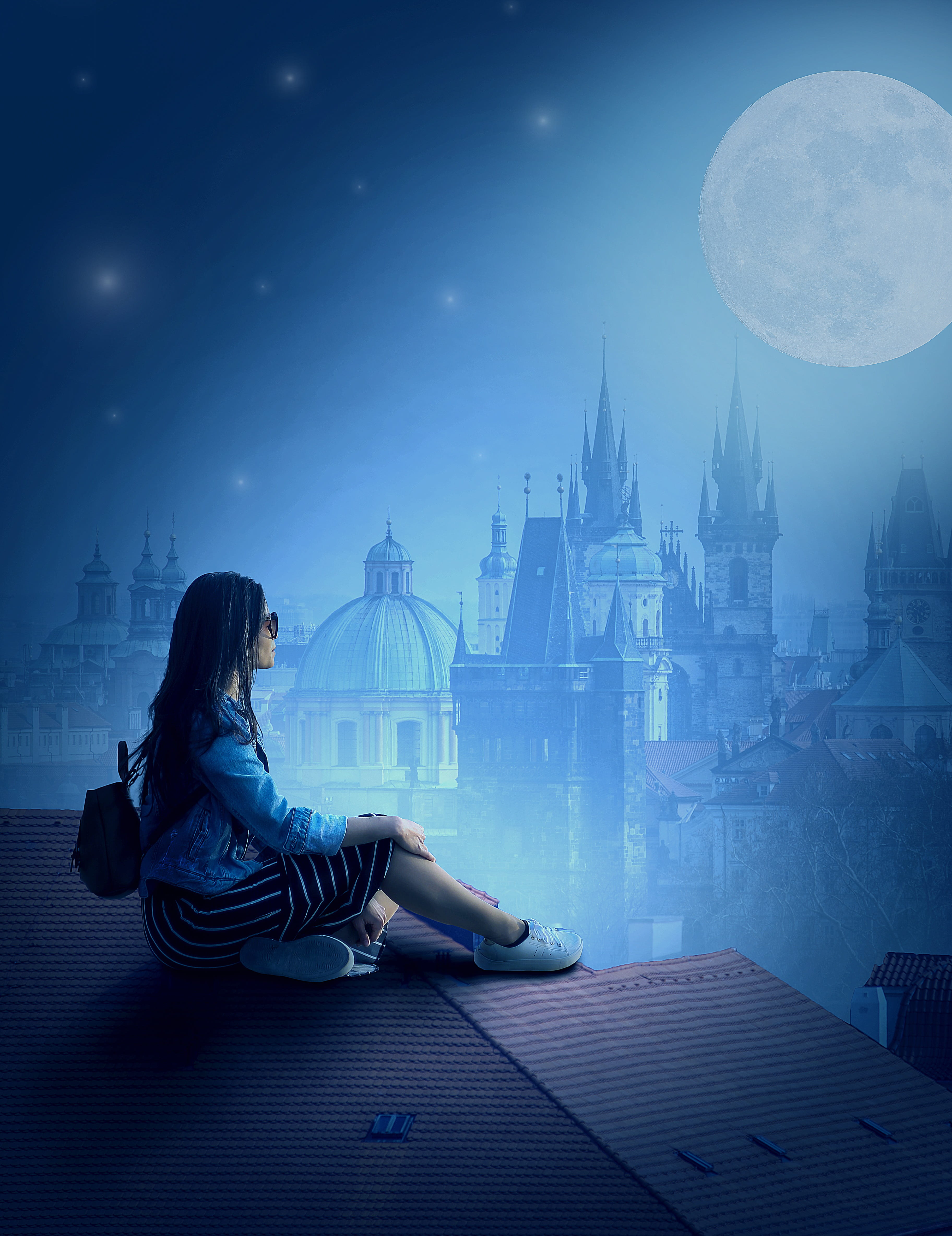 religion, adult, building exterior, one person, thinking, sitting, young adult, darkness, prague, moon, city, full length, spirituality, building, night, Phone HD Wallpaper