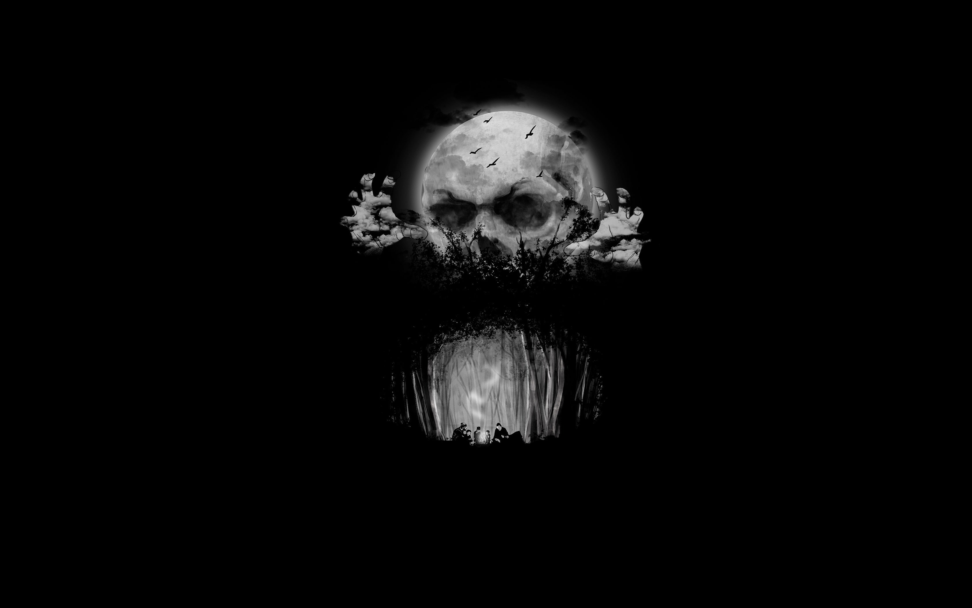 birds, moon, people, 2K, illustration, the fire, cave, skull, night, trees, mystic, HD Wallpaper