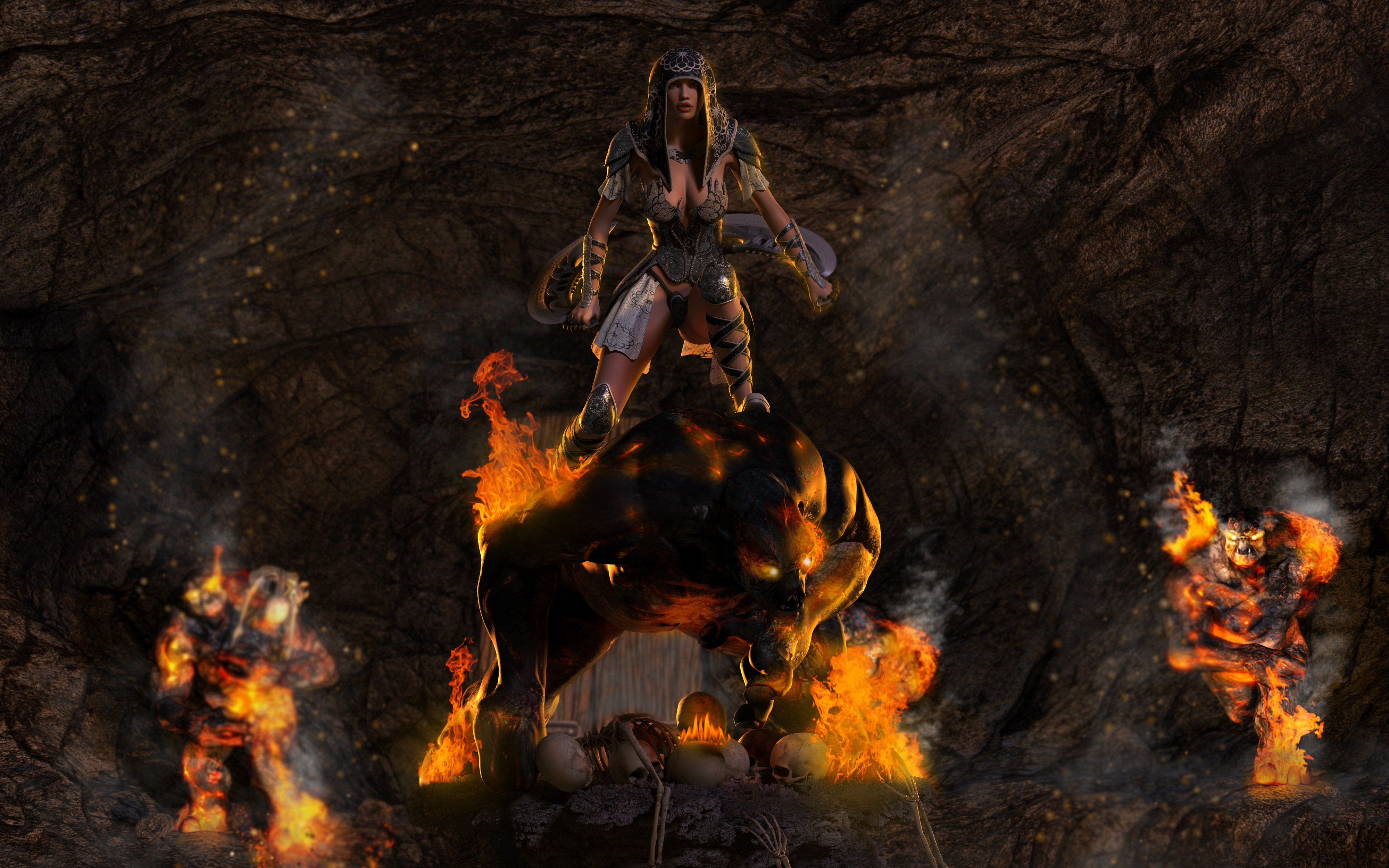 skull, cave, monsters, weapons, 4K, armor, Girl, fire, HD Wallpaper