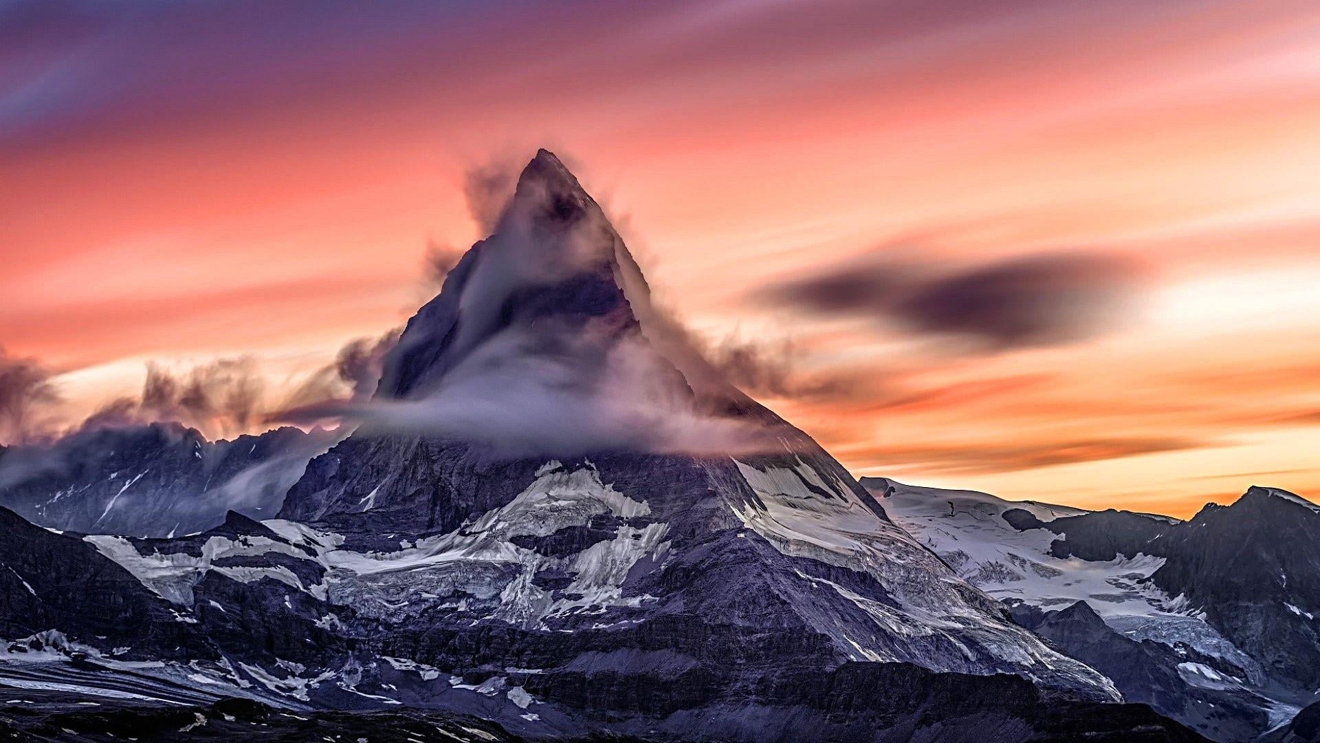 cervino mountain, ice, dusk, dramatic sky, nature, mountain peak, mountain, 1080P, sun, sunset, landscape, outdoors, no people, beauty in nature, cold temperature, HD Wallpaper