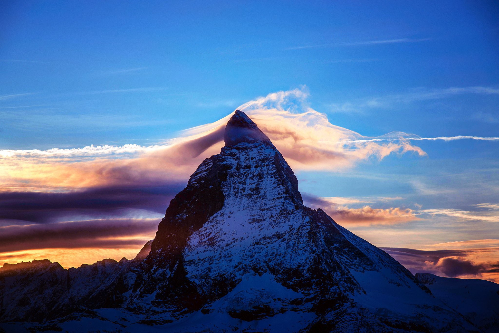 clouds, landscape, cervino, sunset, mountains, snow, sky, alps, night, nature, 1080P, HD Wallpaper