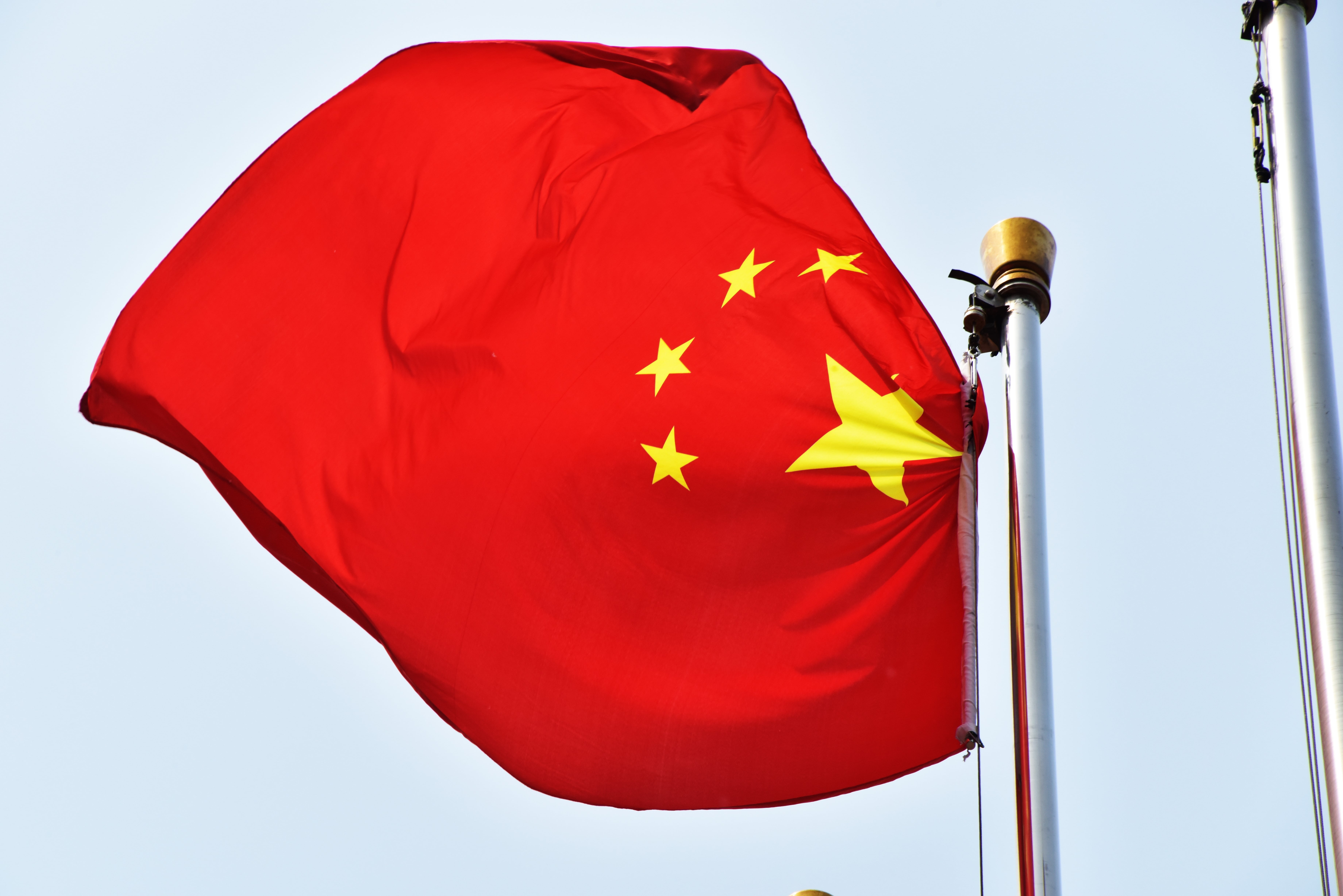 blue, day, wind, the chinese national flag, red, m, nature, sky, yellow, copy space, no people, outdoors, star shape, banner, 5K, patriotism, clear sky, HD Wallpaper