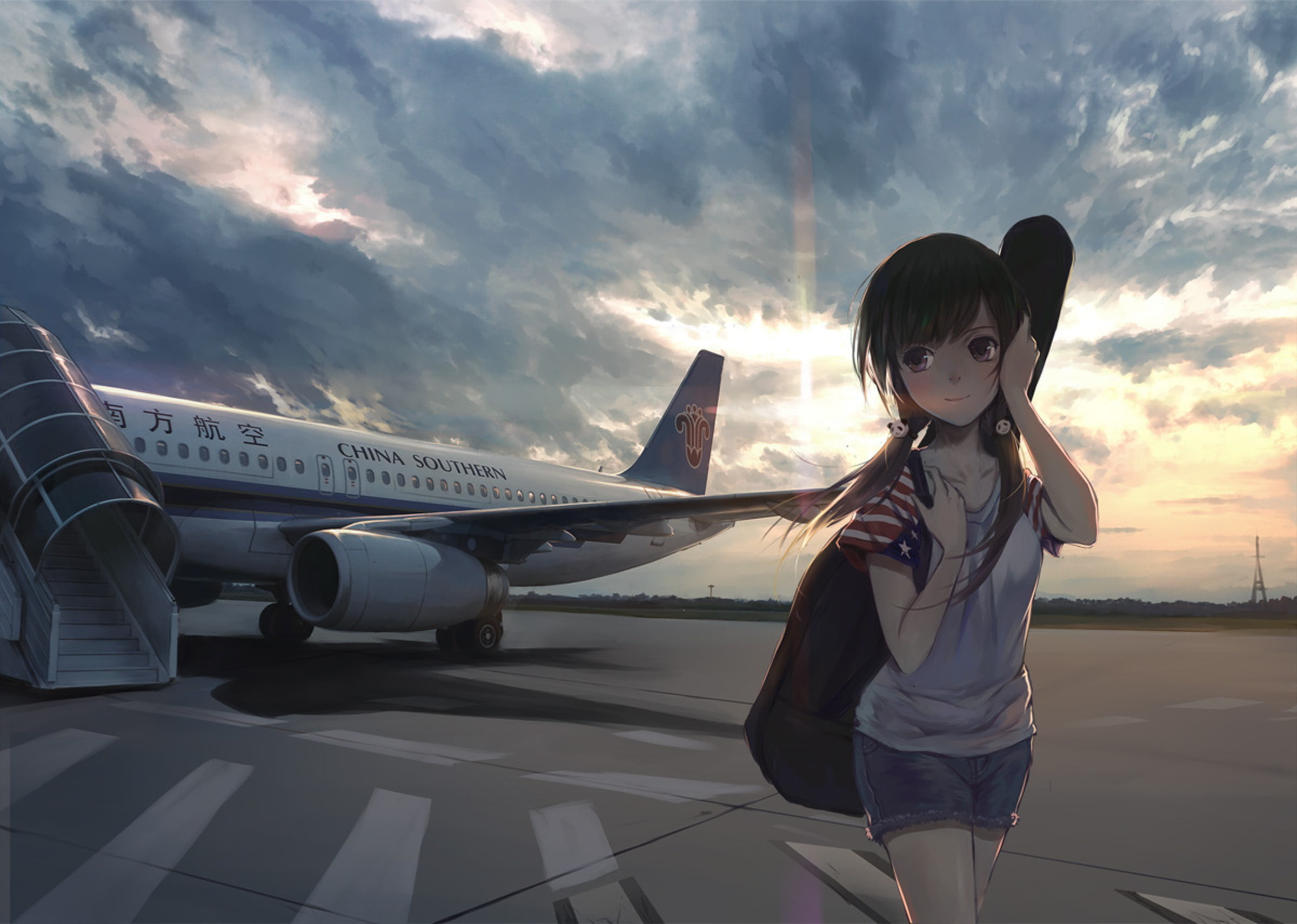 China Souther, sky, flag, japanese, anime, 1080P, girl, airplane, HD Wallpaper