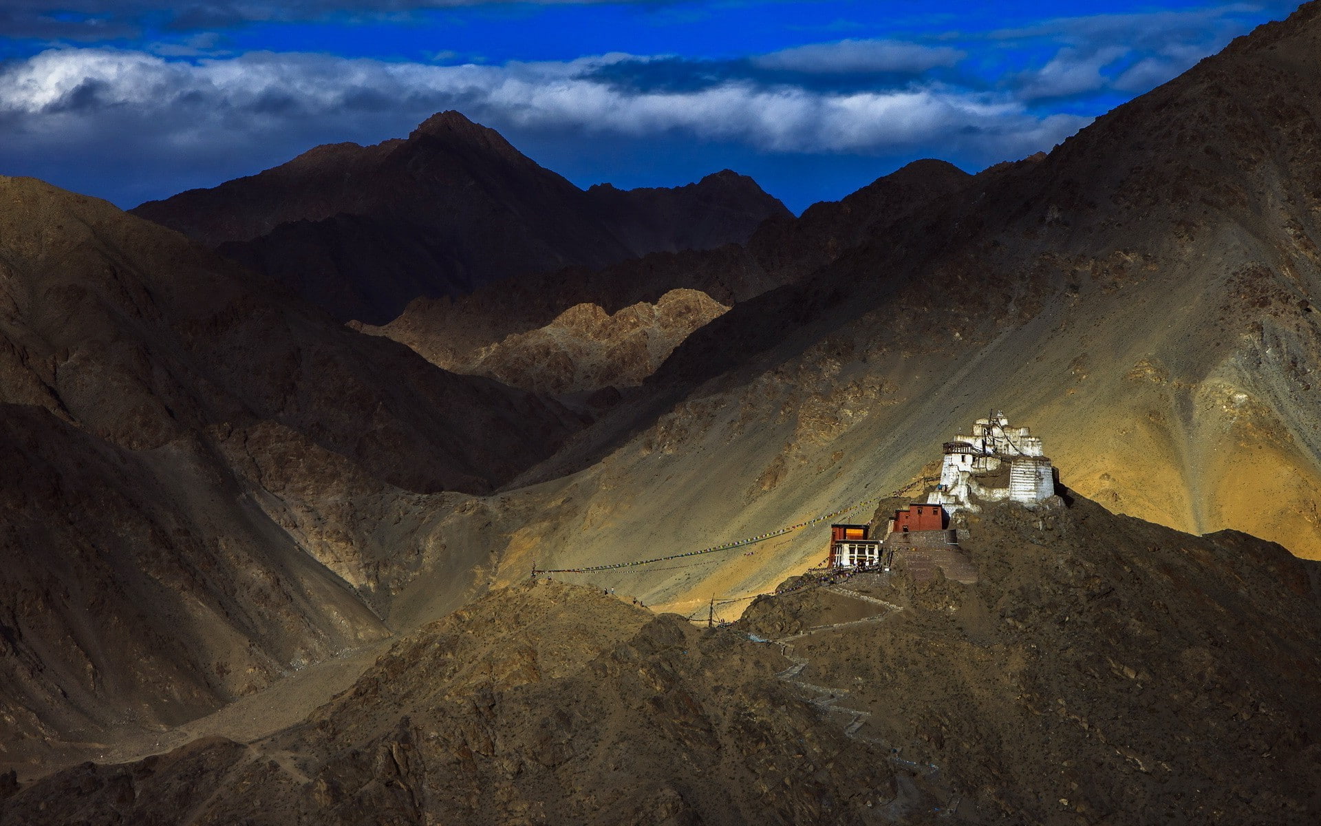 1080P, nature landscape mountain clouds house hill tibet china himalayas monastery flag buddhism rock path, HD Wallpaper
