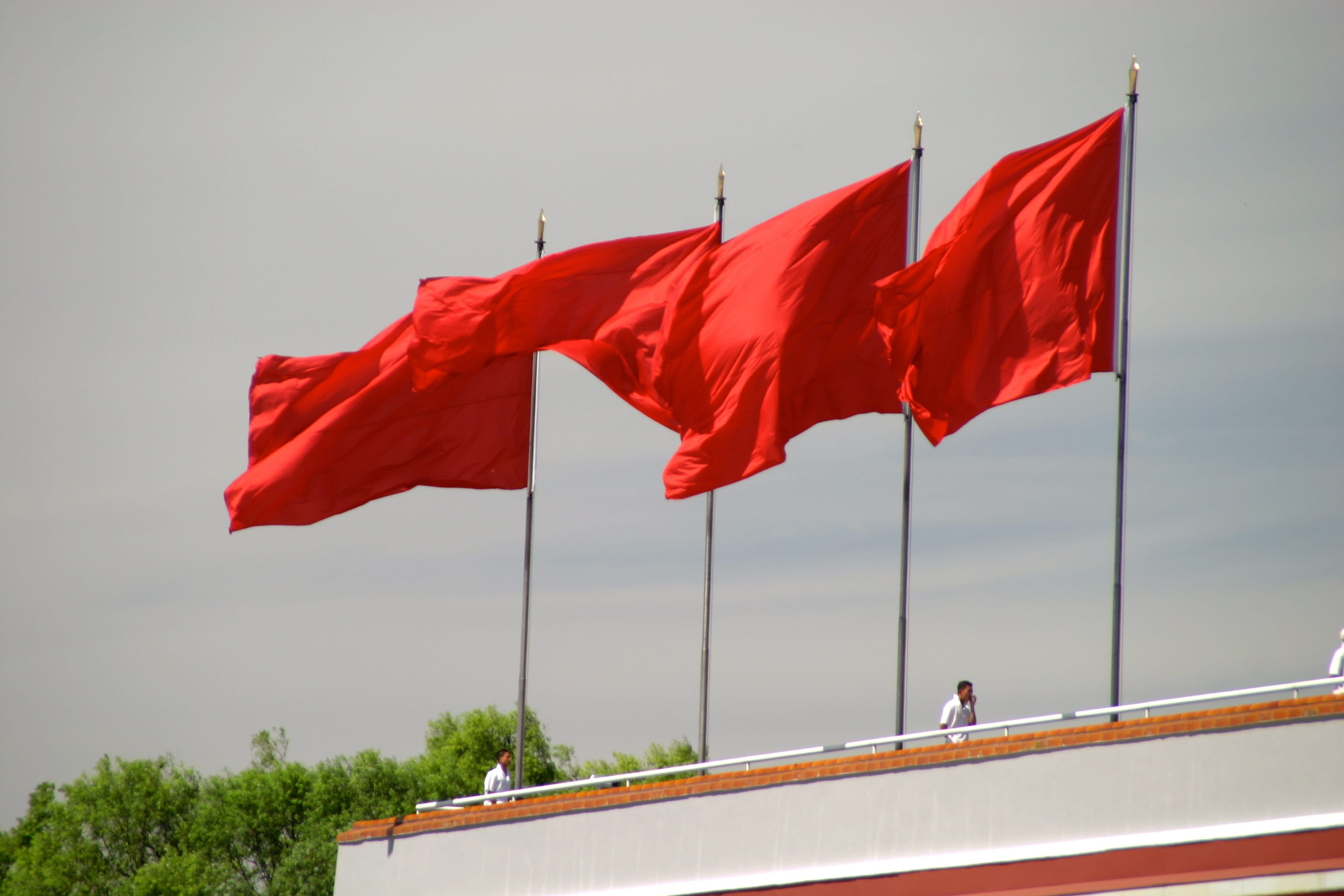 wind, low angle view, socialism, day, flags, flutter, environment, red, flag, sky, nature, plant, four, china, poles, blow, outdoors, patriotism, clear sky, HD Wallpaper