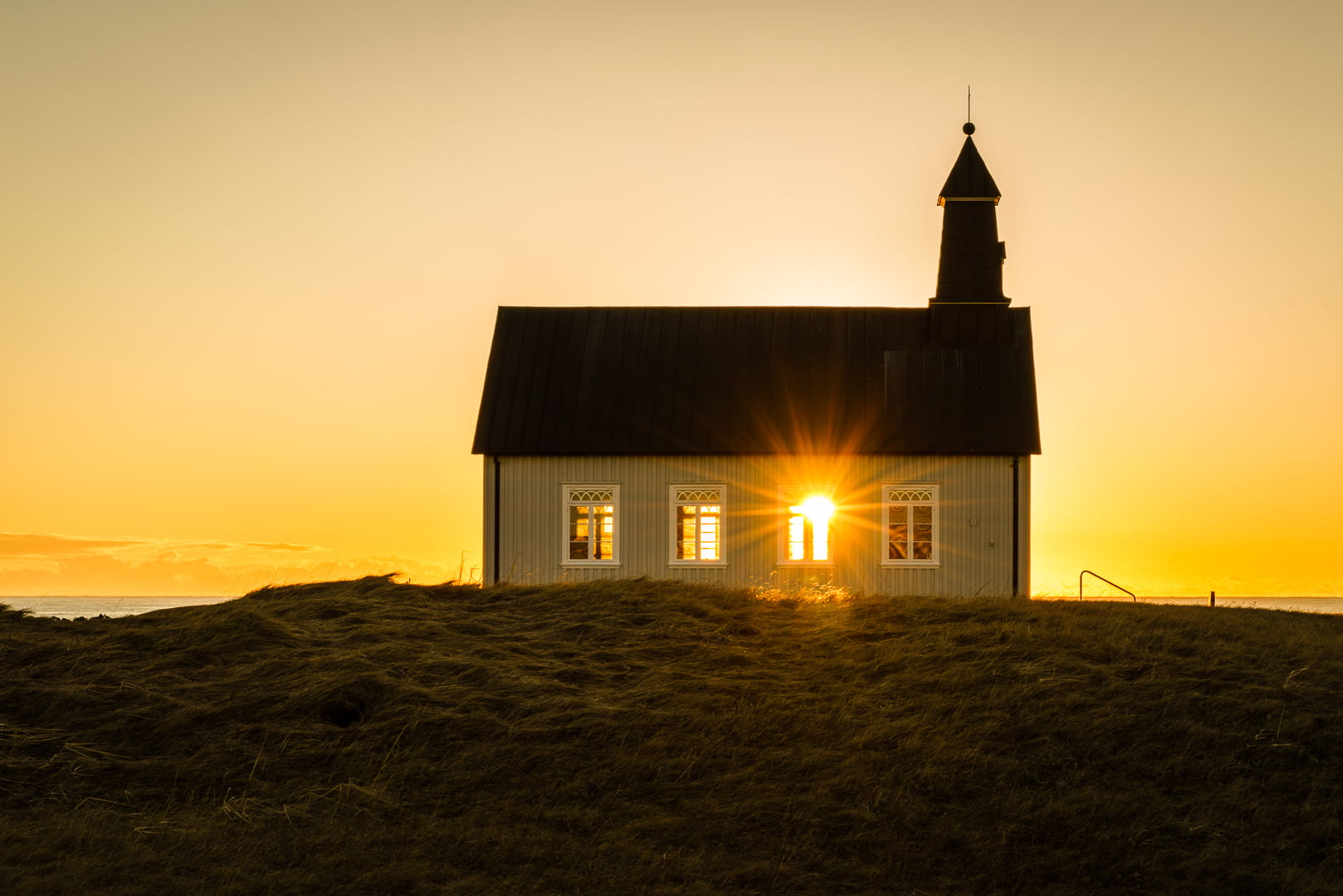 golden hour, golden, church, SEL55F18Z, house, concrete, Strandarkirkja, ILCE-7R, iceland, sunset, 720P, white, hour, HD Wallpaper