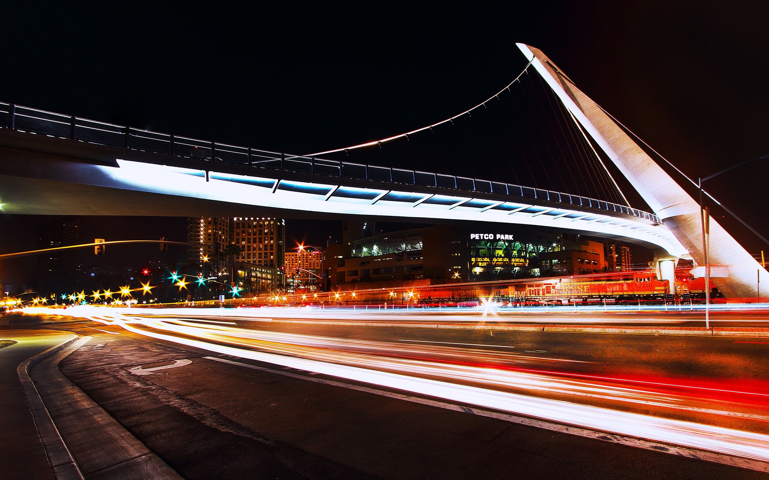 lights, night, architecture, photography, long exposure, bridge, street, street light, 2K, HD Wallpaper