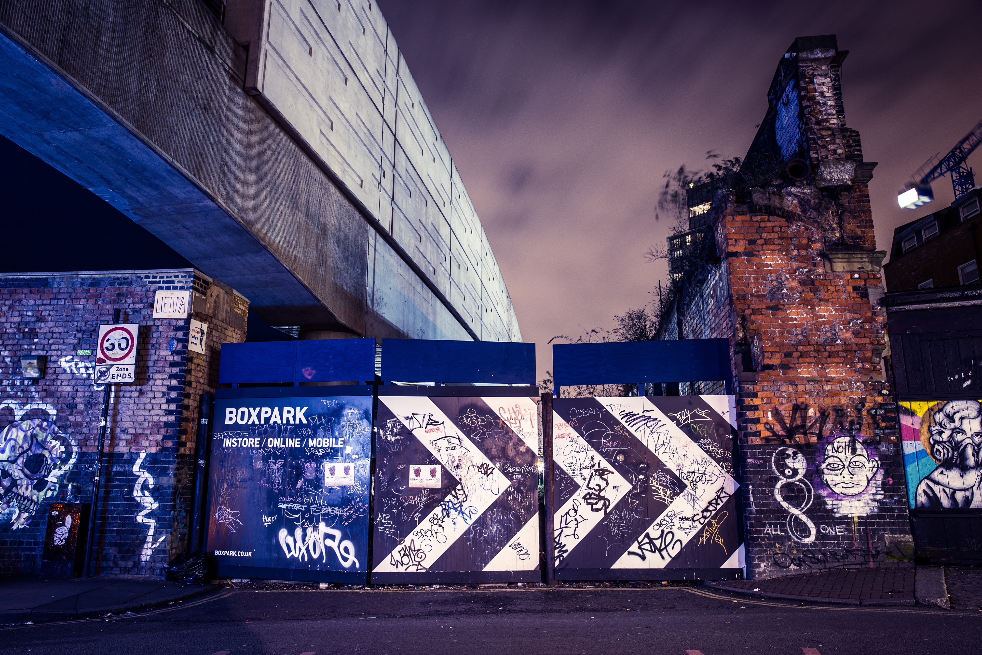 outdoors, shot, 4K, communication, sky, boxpark, graffiti, art and craft, street, building exterior, night, illuminated, transportation, wall, Shoreditch, HD Wallpaper