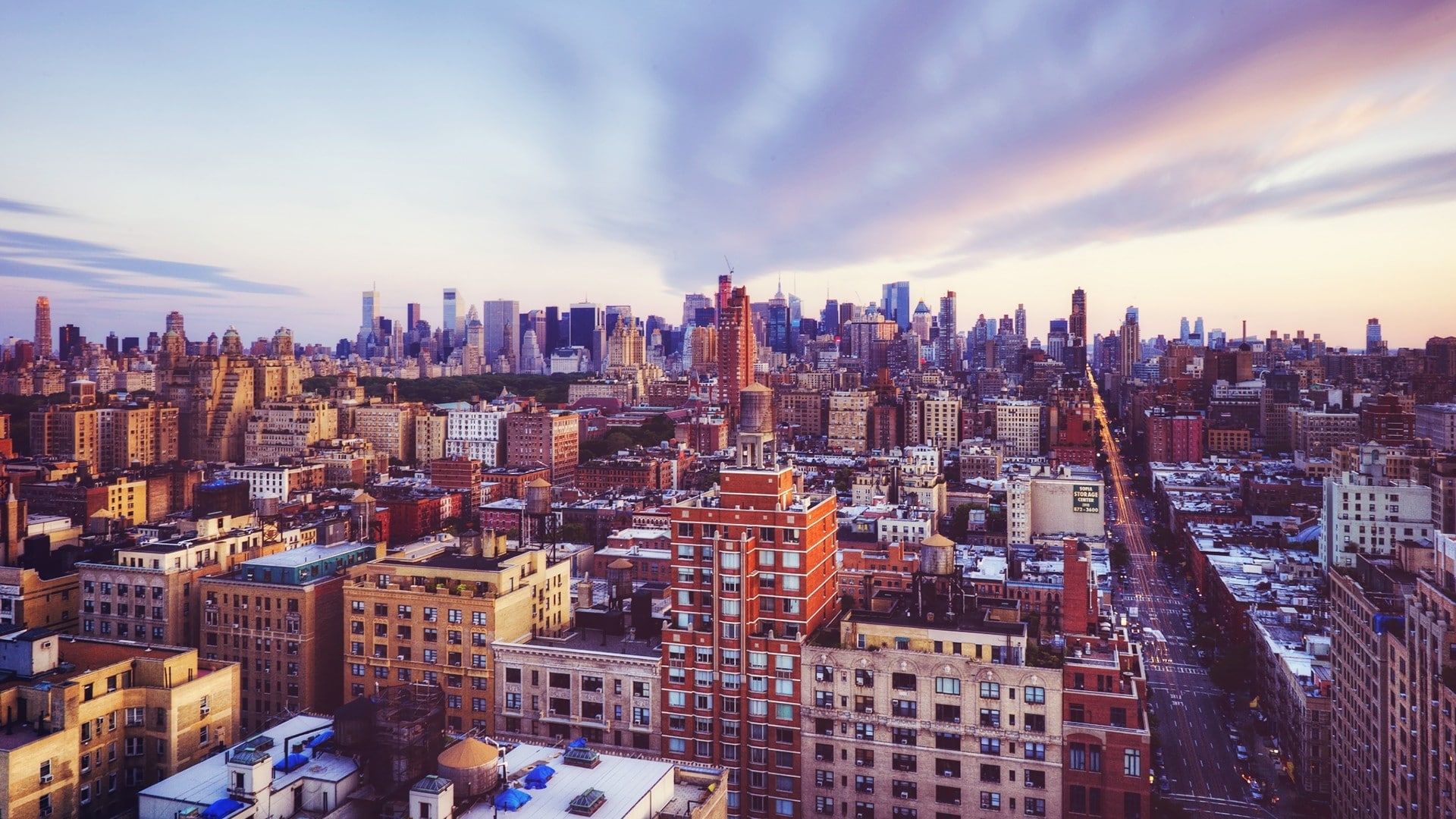 street, clouds, USA, building, city, architecture, cityscape, 1080P, trees, long exposure, car, skyscraper, light trails, urban, Central Park, New York, HD Wallpaper