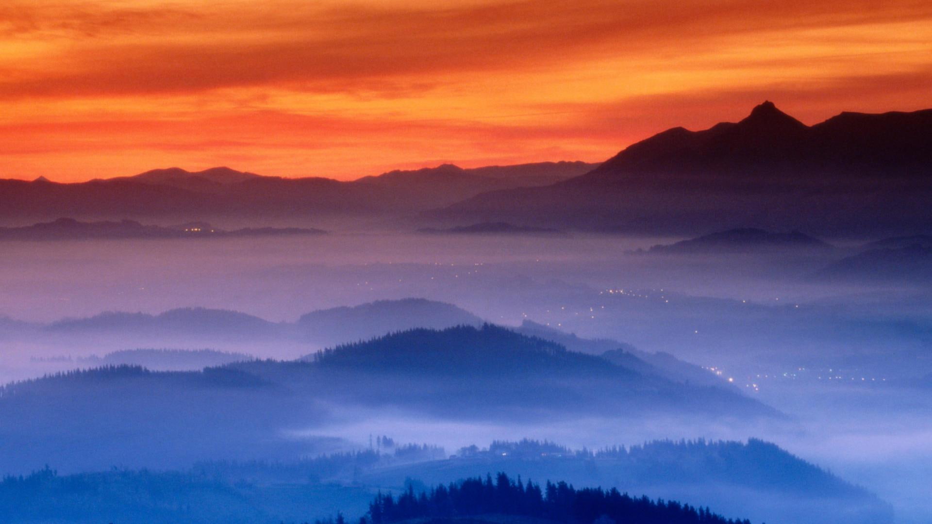 black, spain, ina, formation, fog, painting, lights, 1080P, country, rock, dusk, basque, nature and landscapes, valley, HD Wallpaper