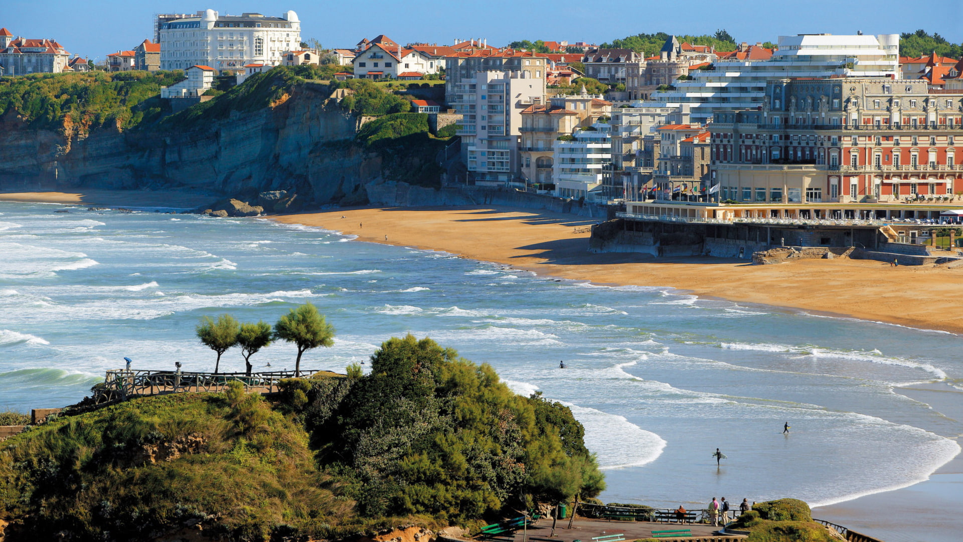 basque, vacation, harbor, architecture, nature, resort, cities, 1080P, travel, trees, biarritz, buildings, sea, beaches, ocean, surf, world, france, country, HD Wallpaper