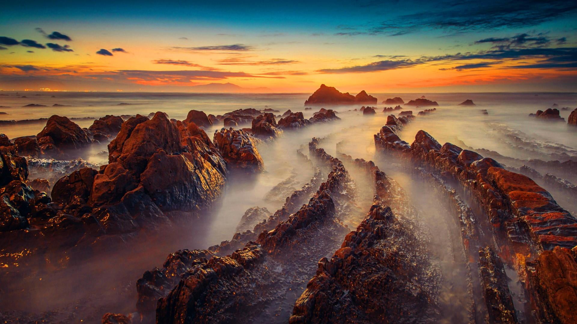 scenics - nature, long exposure, 1080P, horizon, basque, tranquility, sea, no people, rock, beauty in nature, cloud - sky, water, sunset, sky, solid, environment, HD Wallpaper