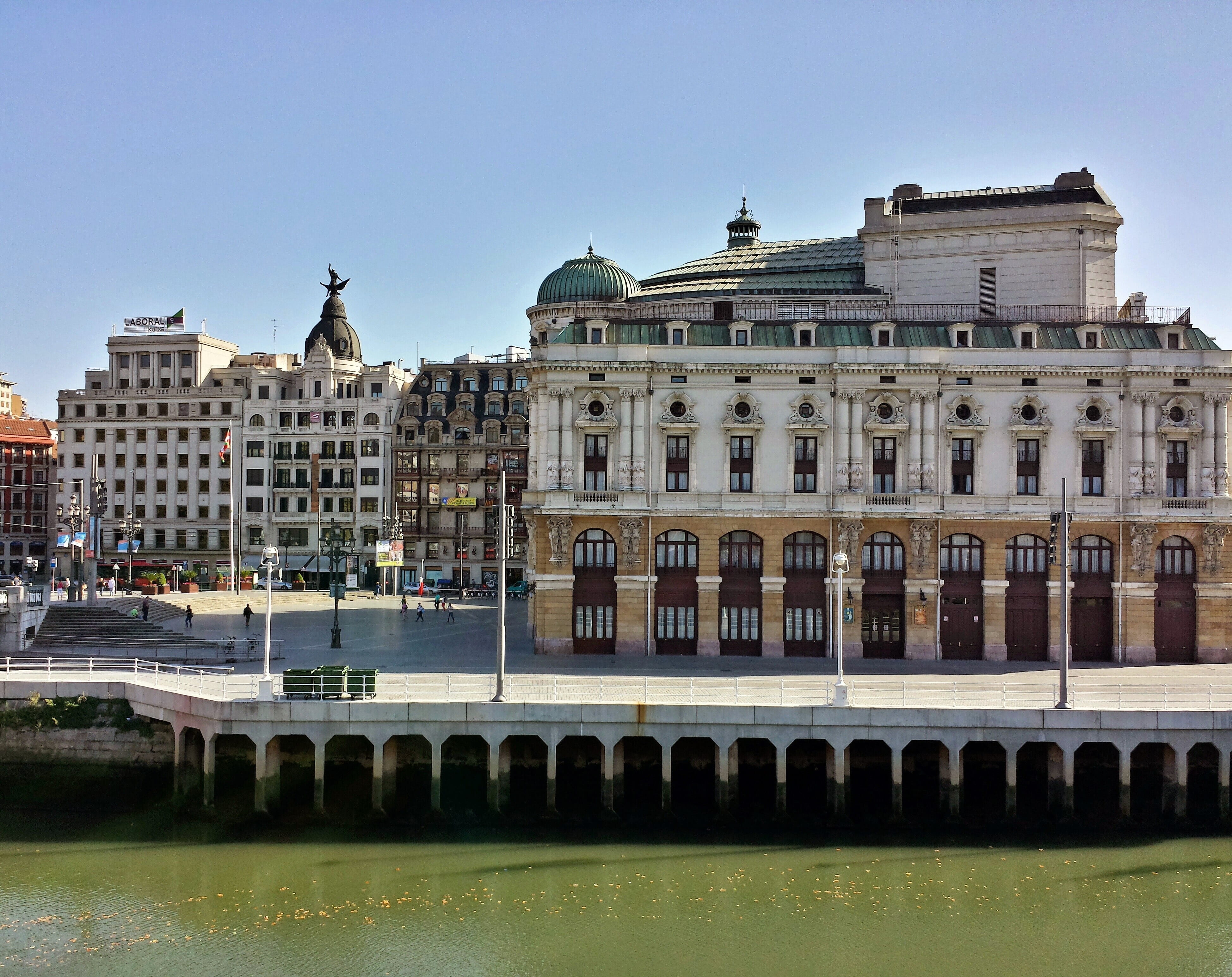 buildings, near, water, body, building exterior, travel destinations, building, white, city, history, euskadi, calm, brown, built structure, concrete, ria, HD Wallpaper