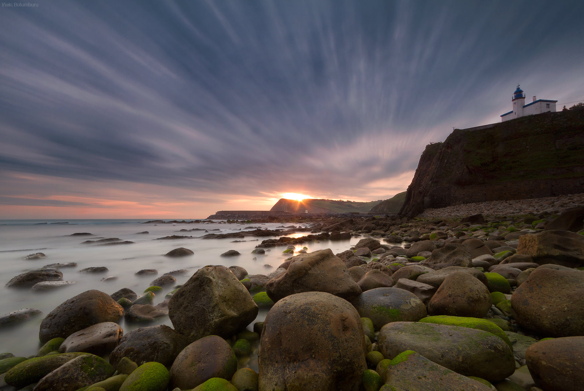 euskadi, sea, outdoors, coastline, gipuzkoa, zumaia, dusk, rock - Object, silk, faro  lighthouse, sunset, landscape, beach, 720P, nature, water, rocks, HD Wallpaper