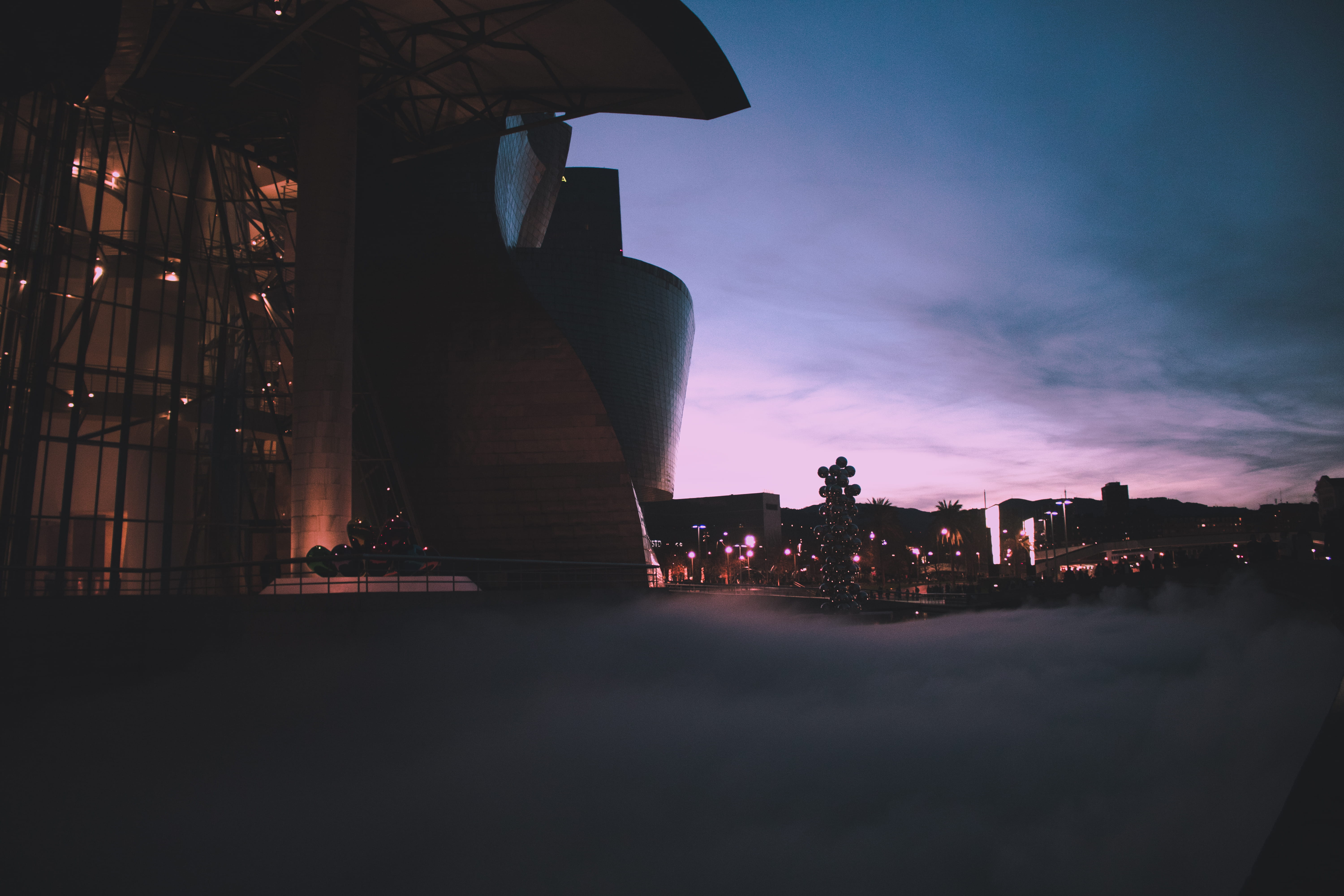 cityscape, building, office building exterior, lighting, beige, surface, skyscraper, guggenheim, pink, illuminated, city, built structure, icy, HD Wallpaper