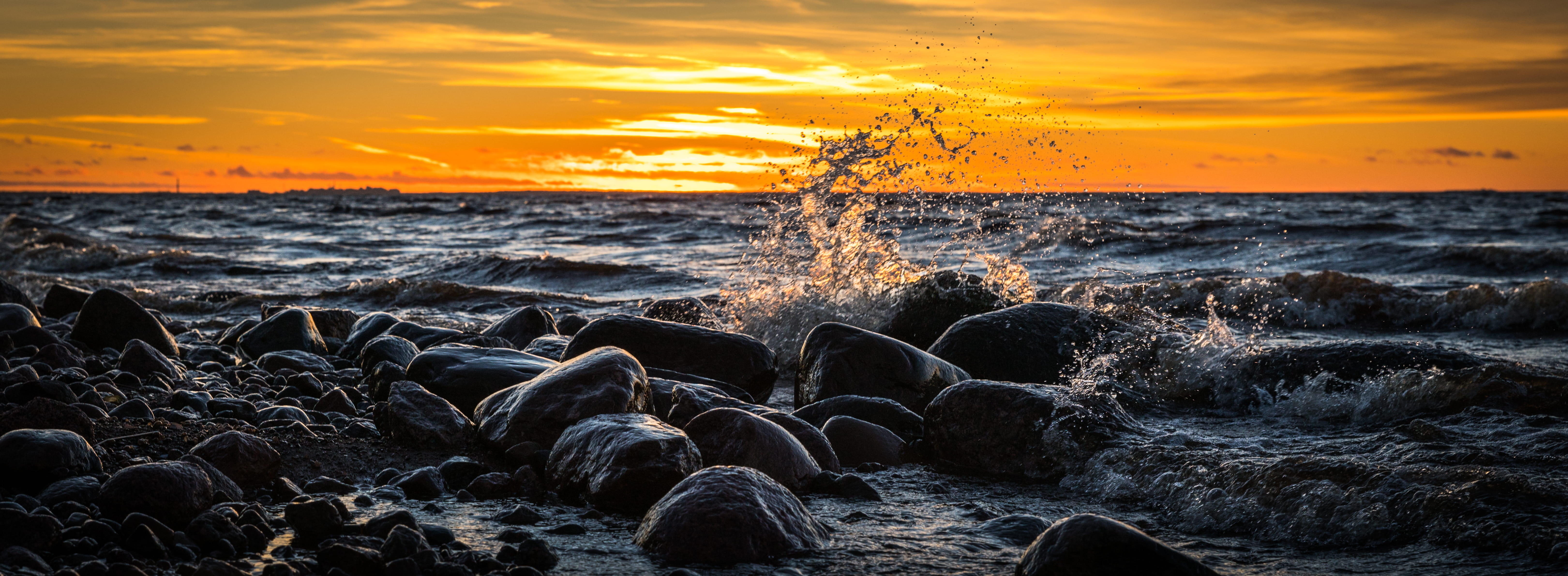 evening, seashore, sea, ocean, land, sky, long exposure, tide, orange color, solid, waves, rock, dawn, splashing, panoramic, wave, pollution, cloud - sky, HD Wallpaper