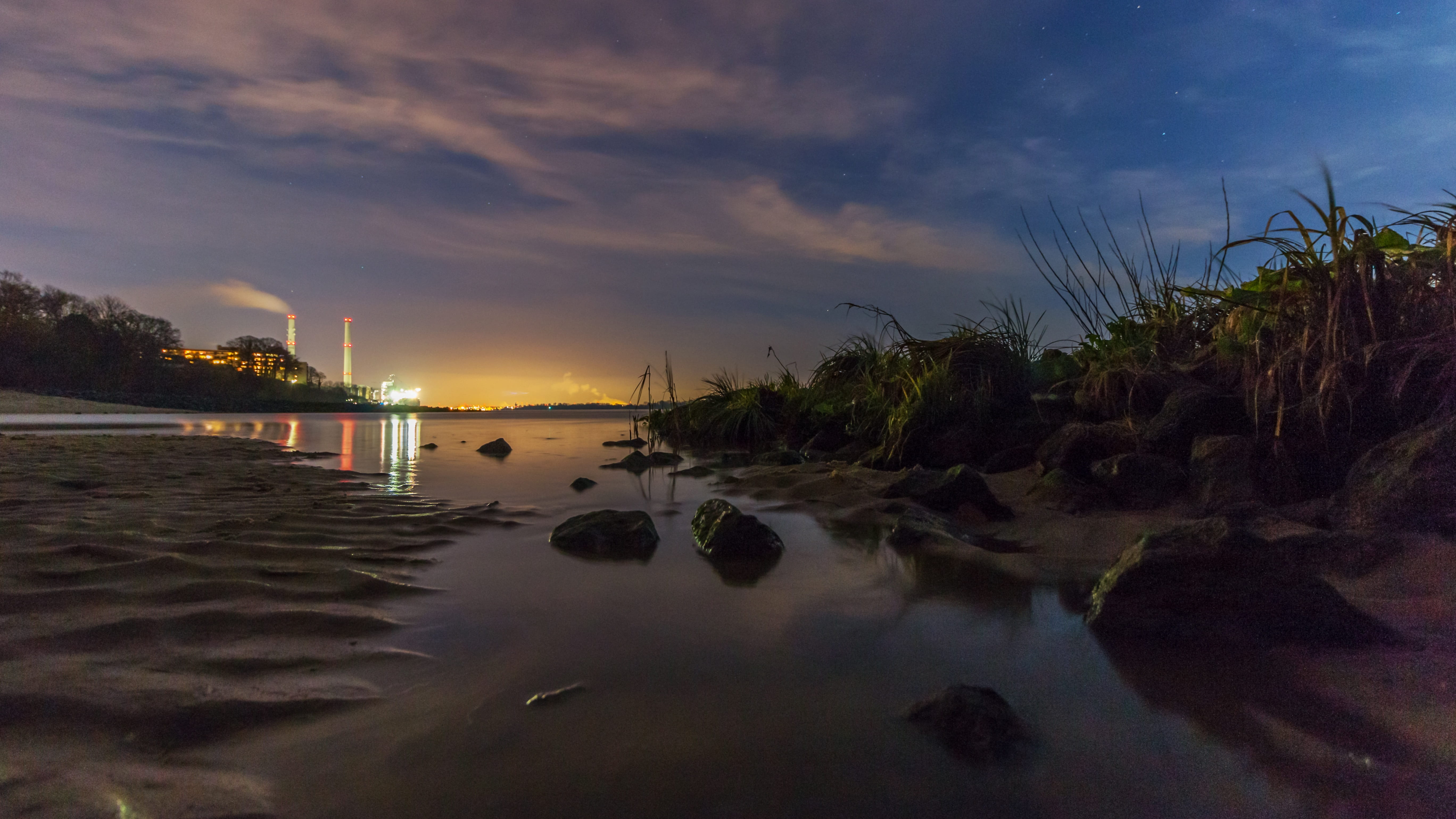 hamburg, tranquility, lagoon, water, port city, palm tree, cloud - sky, no people, long exposure, nature, sunset, beach, grasses, river, elbufer, scenics - nature, HD Wallpaper
