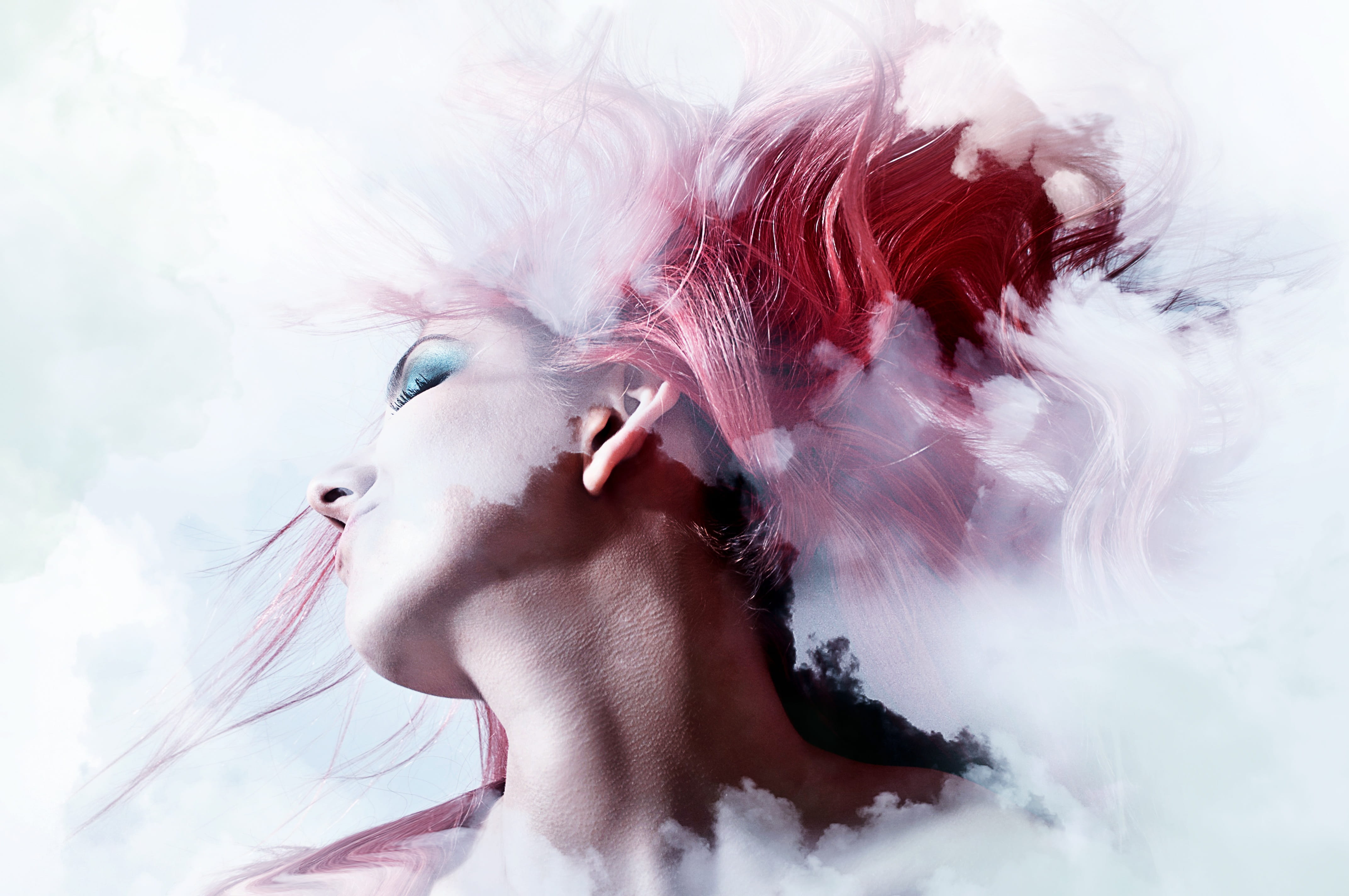 digital composite, lifestyles, clouds, hair, woman, 4K, beauty, one person, splashes, adult, fashion, leisure activity, young adult, front view, human face, HD Wallpaper