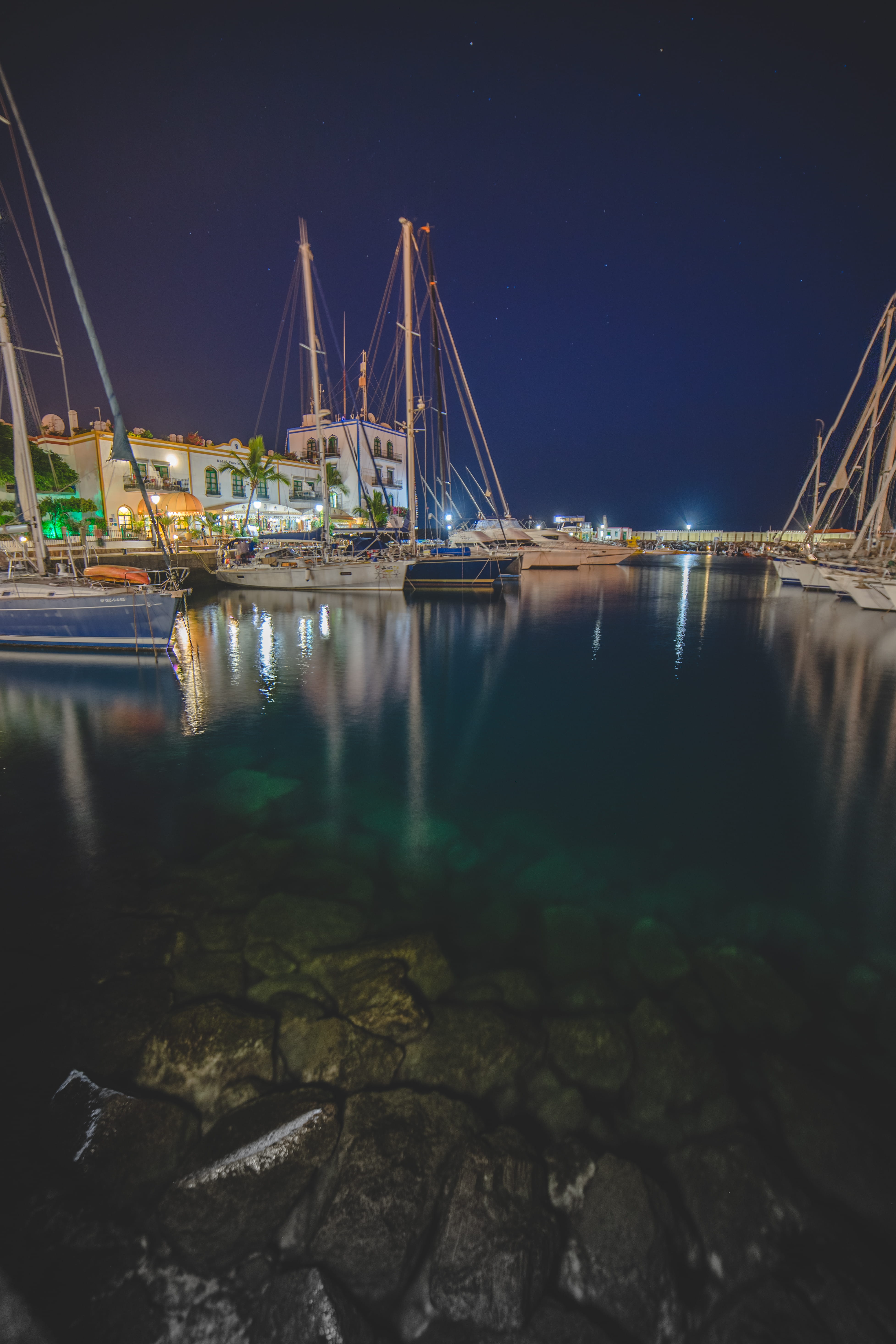 holiday, sky, boat, mogán, outdoors, gran canaria, puerto de mogán, rock - object, reflection, 5K, buildings, night, waterfront, no people, spain, sea, Phone HD Wallpaper