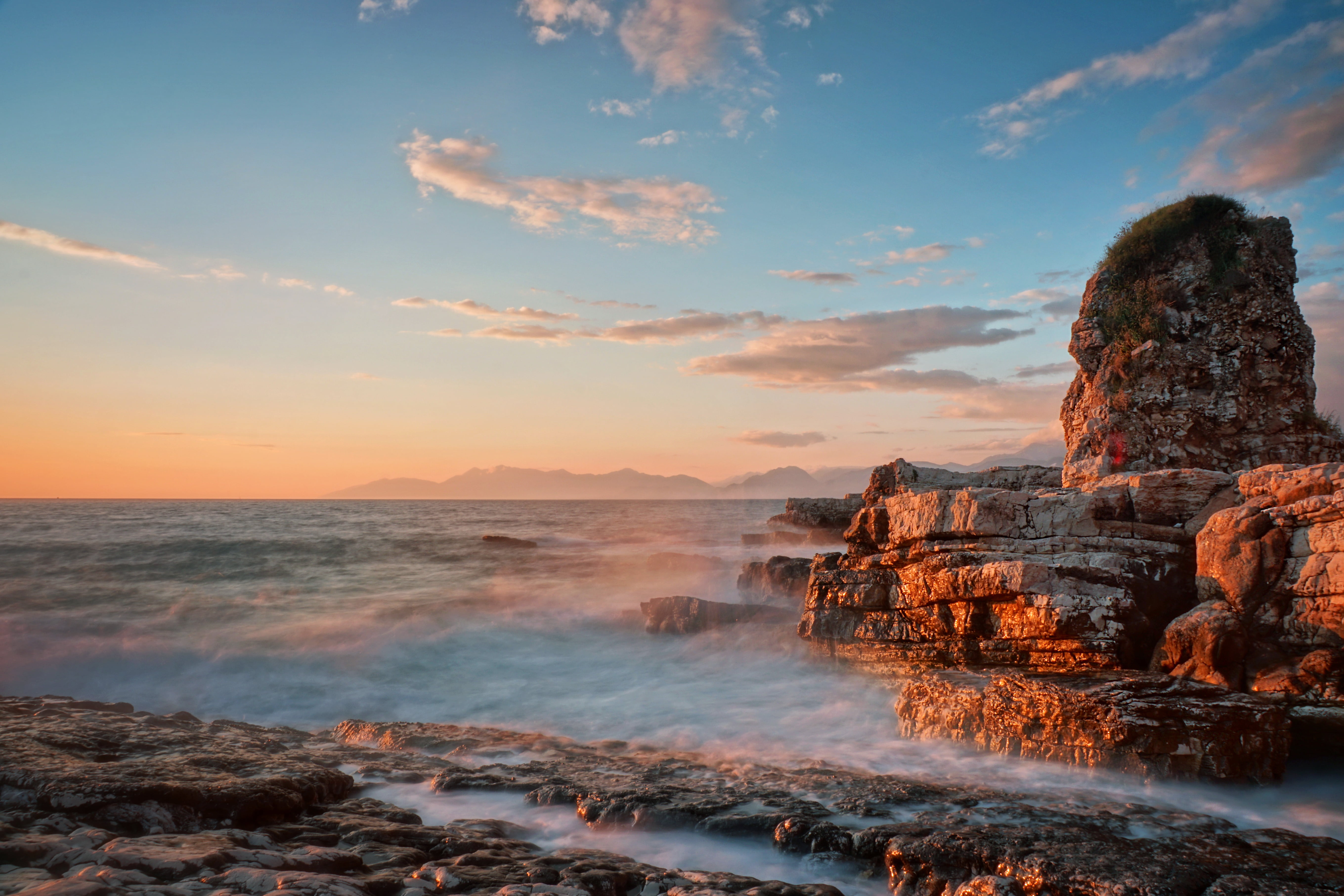 mountains, sky, ocean, water, golden hour, sea, wave, long, seascape, speed  2, hdr, timelapse photography, beach, a6000, 2  seconds, Sony, kasiopi, dusk, HD Wallpaper