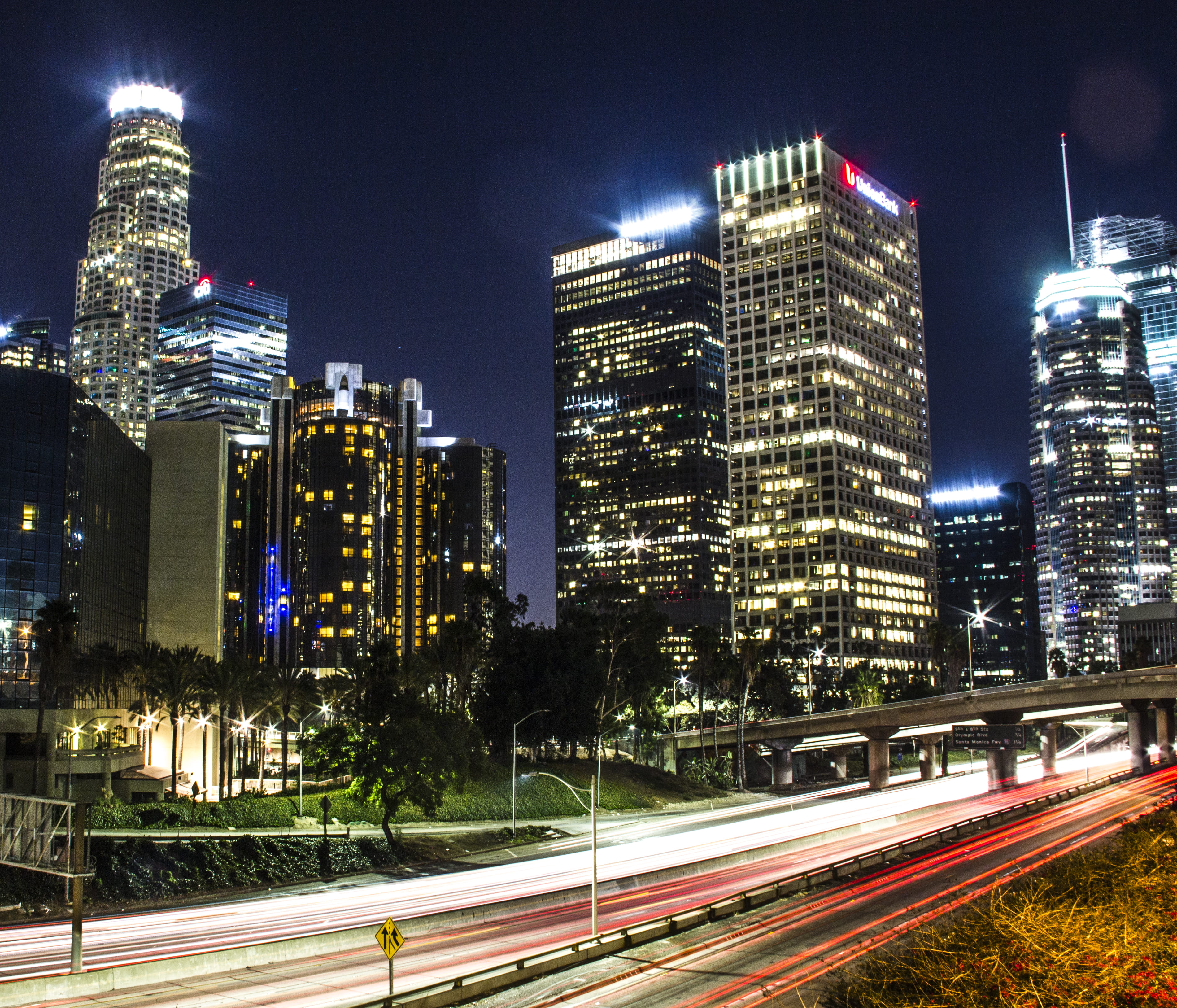 tall - high, lights, transportation, night, office building exterior, los angeles, outdoors, built structure, la, illuminated, architecture, no people, HD Wallpaper